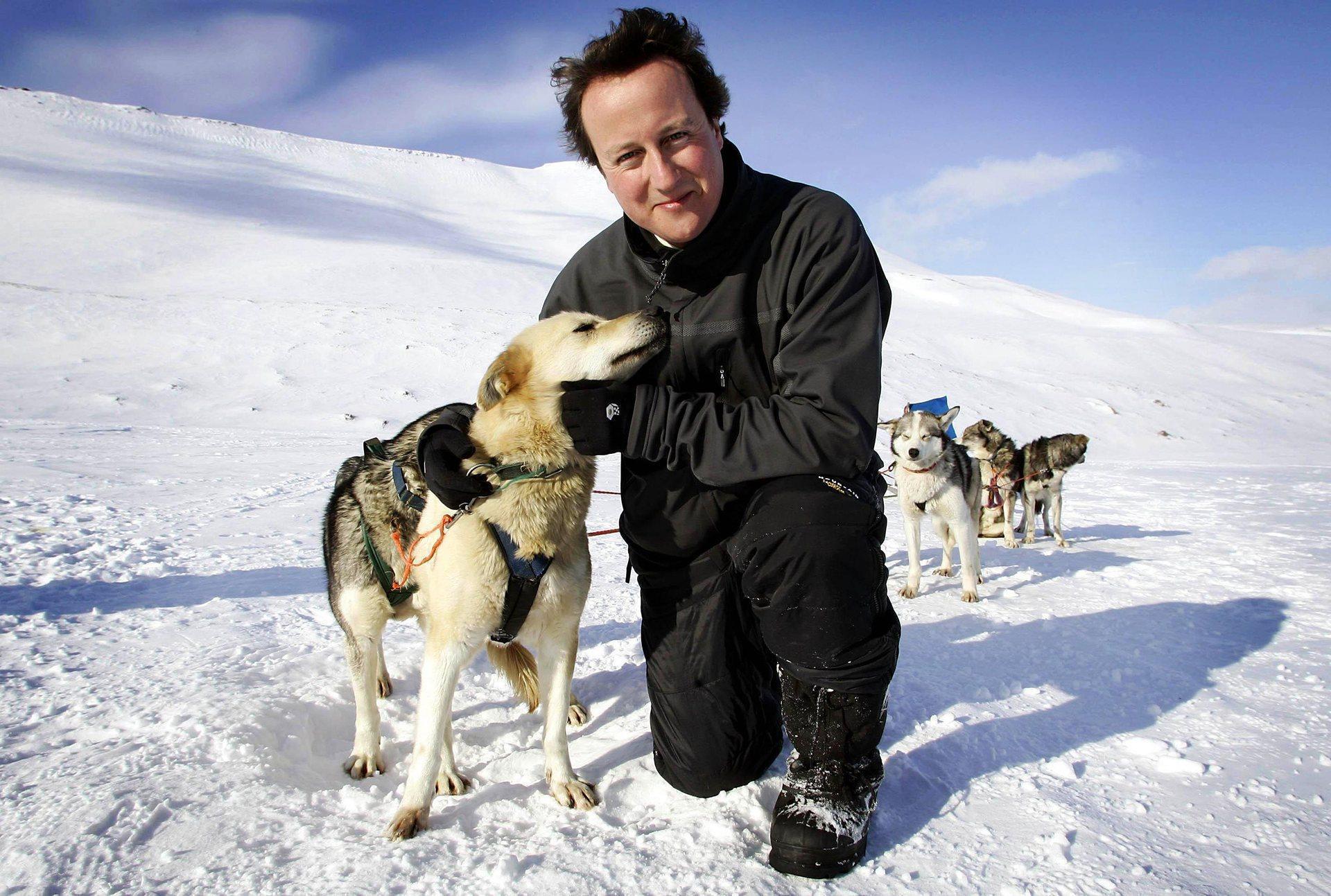 &#13;
David Cameron 'hugs a huskie' in the Arctic circle in 2006&#13;