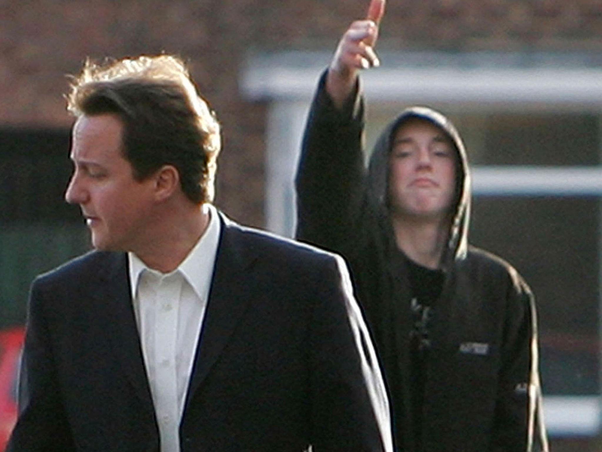 David Cameron is mocked by Ryan Florence, as the leader toured the Benchill Estate, Manchester