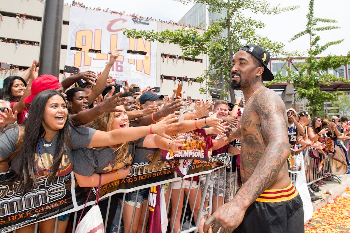 JR Smith greets fans in Cleveland.