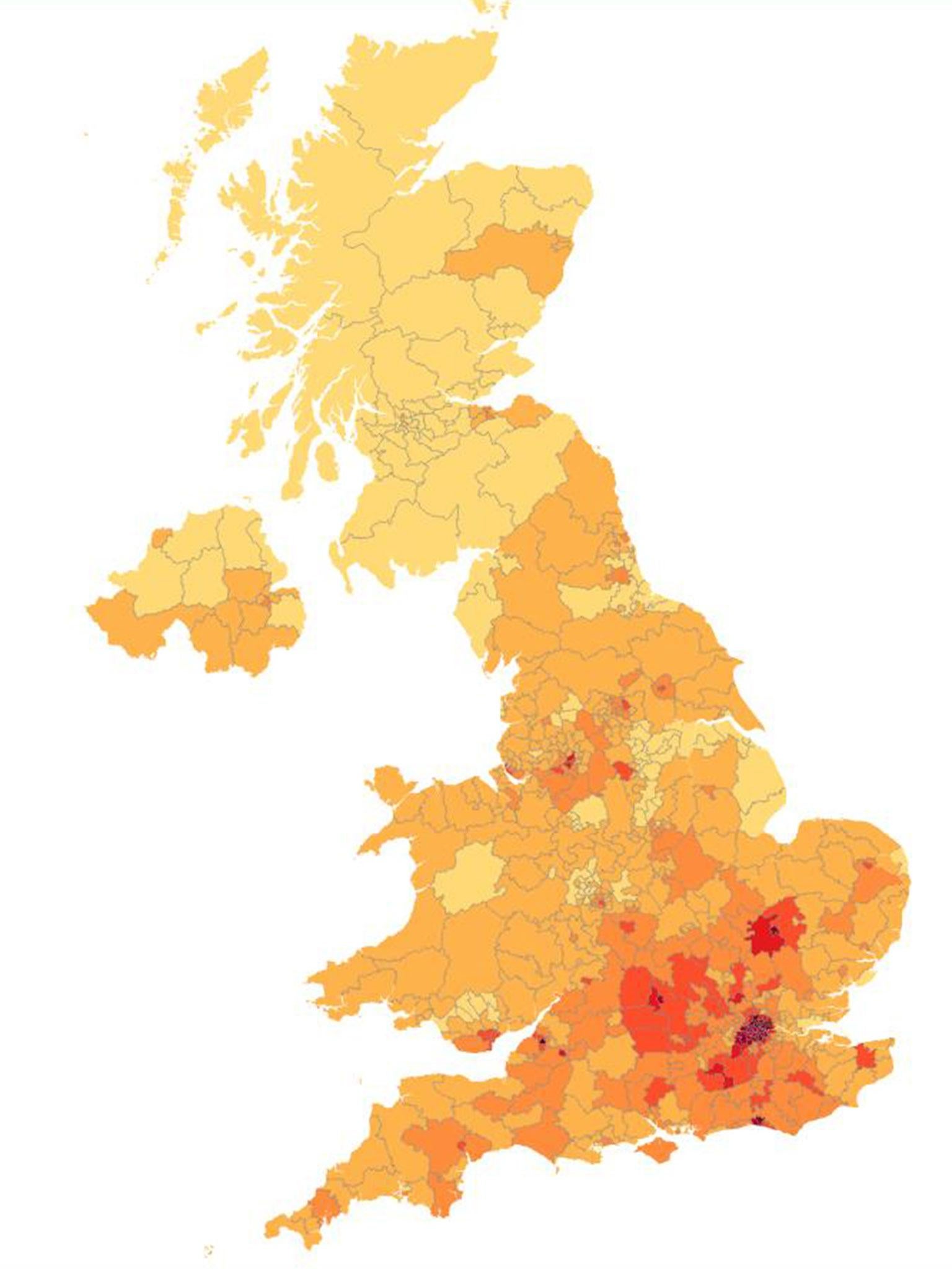 A heat map showing the distribution of signatories on a petition calling for a second referendum