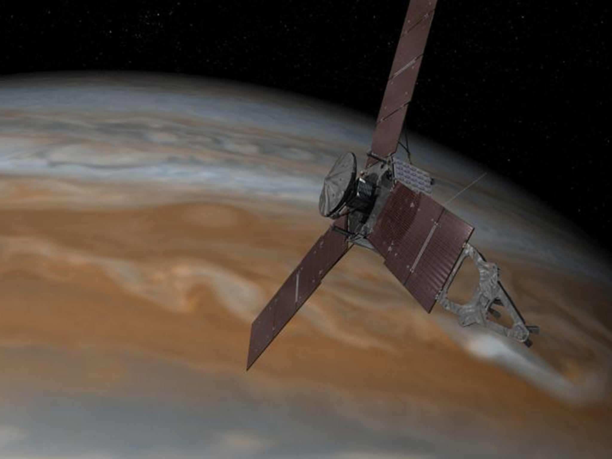 Artist's impression of Juno approaching Jupiter. The probe will have to survive the radiation of the planet's magnetic field to complete the mission