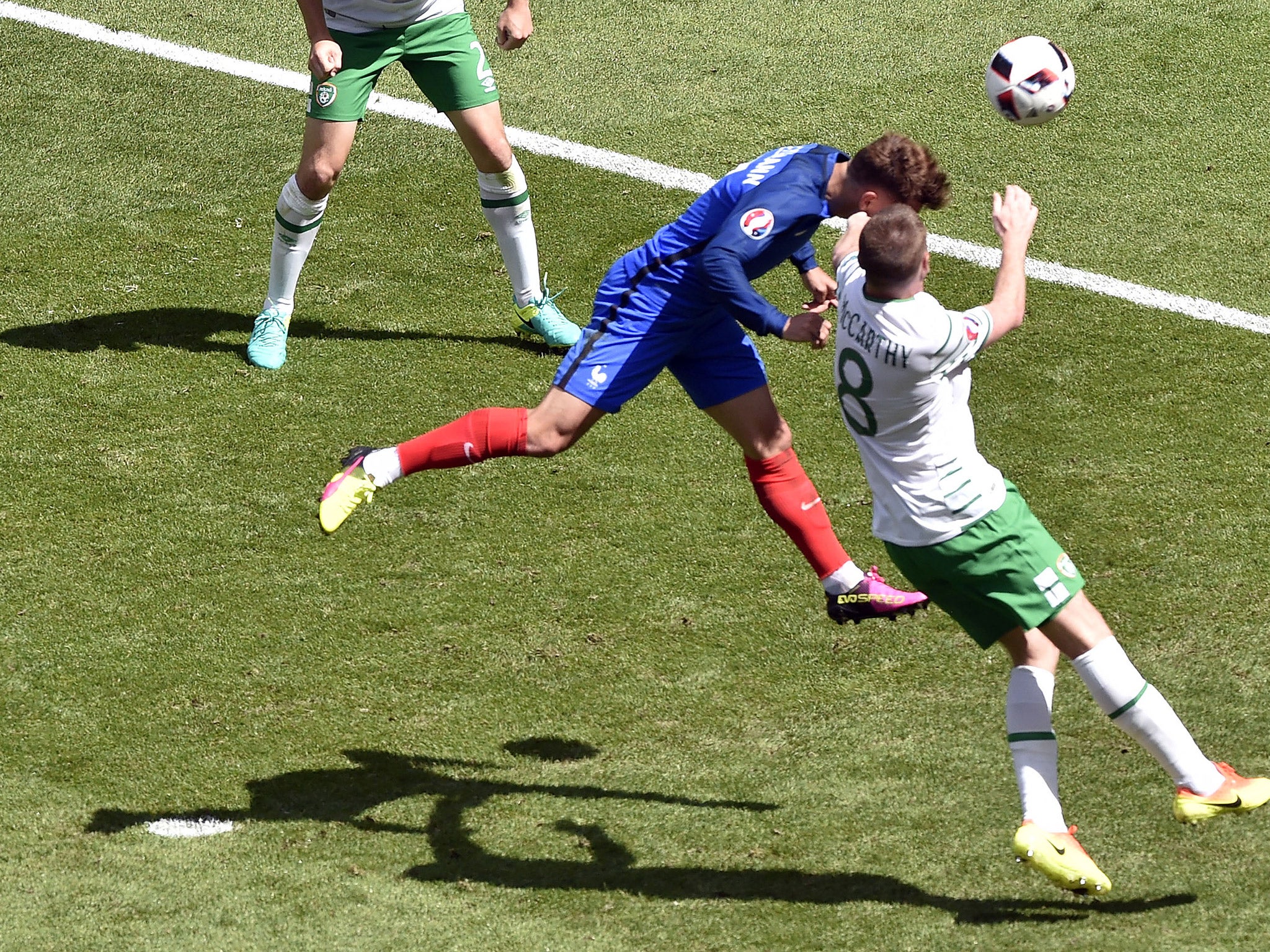 &#13;
Griezmann heads in the equaliser during France's 2-1 win over the Republic of Ireland &#13;