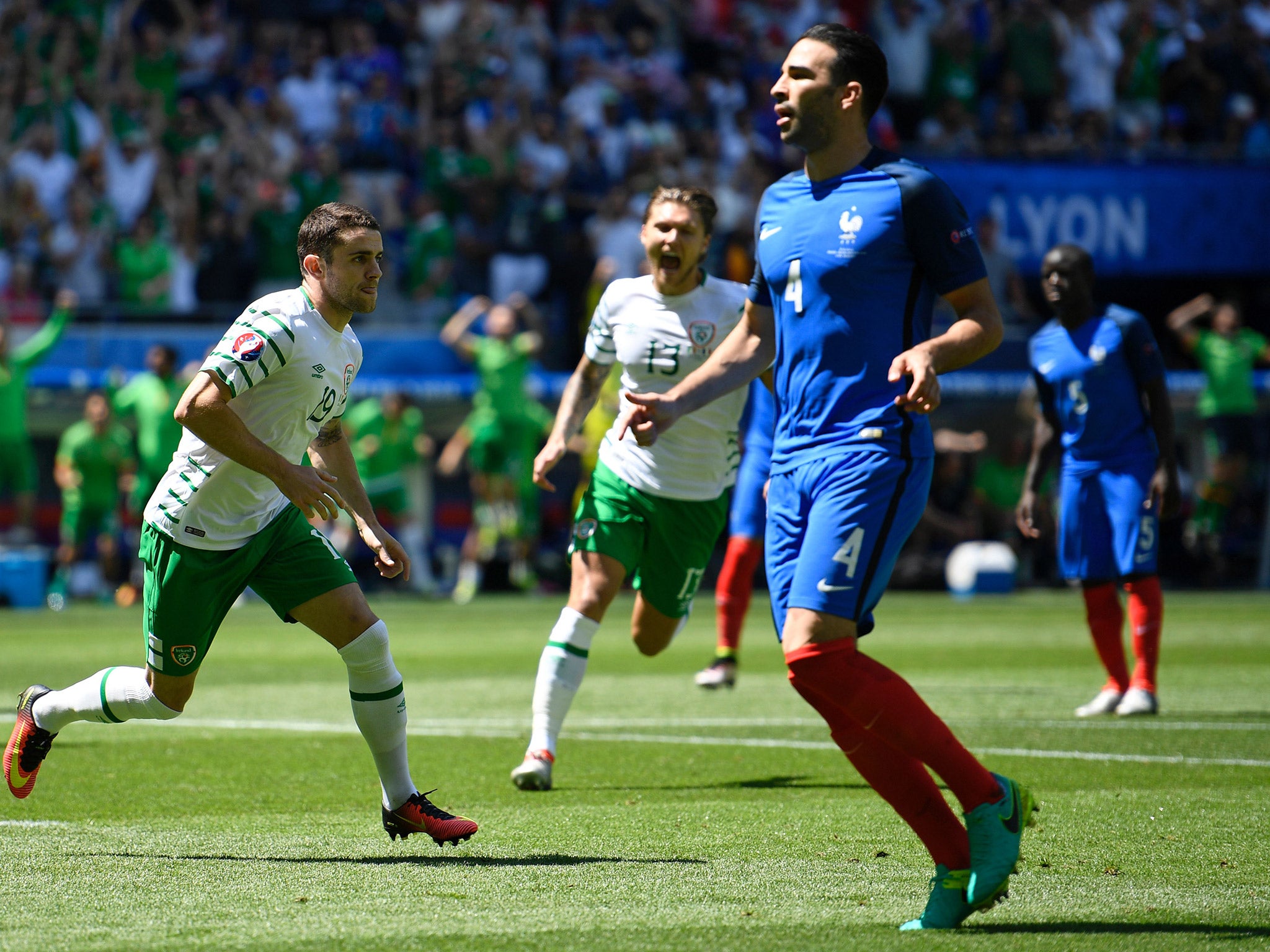 Robbie Brady reacts after giving Ireland the lead over France