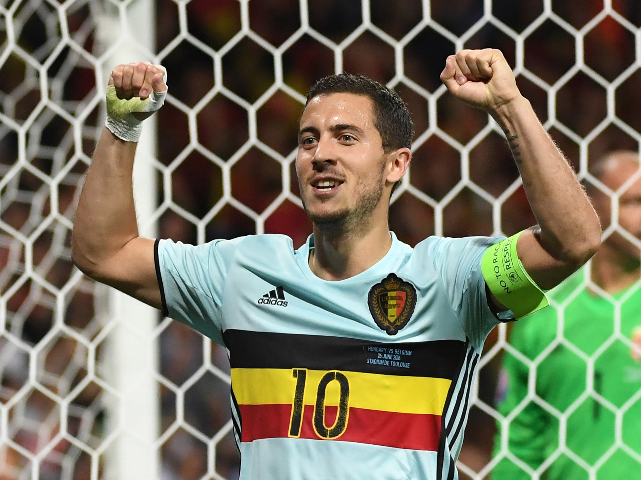 Eden Hazard celebrates scoring for Belgium against Hungary