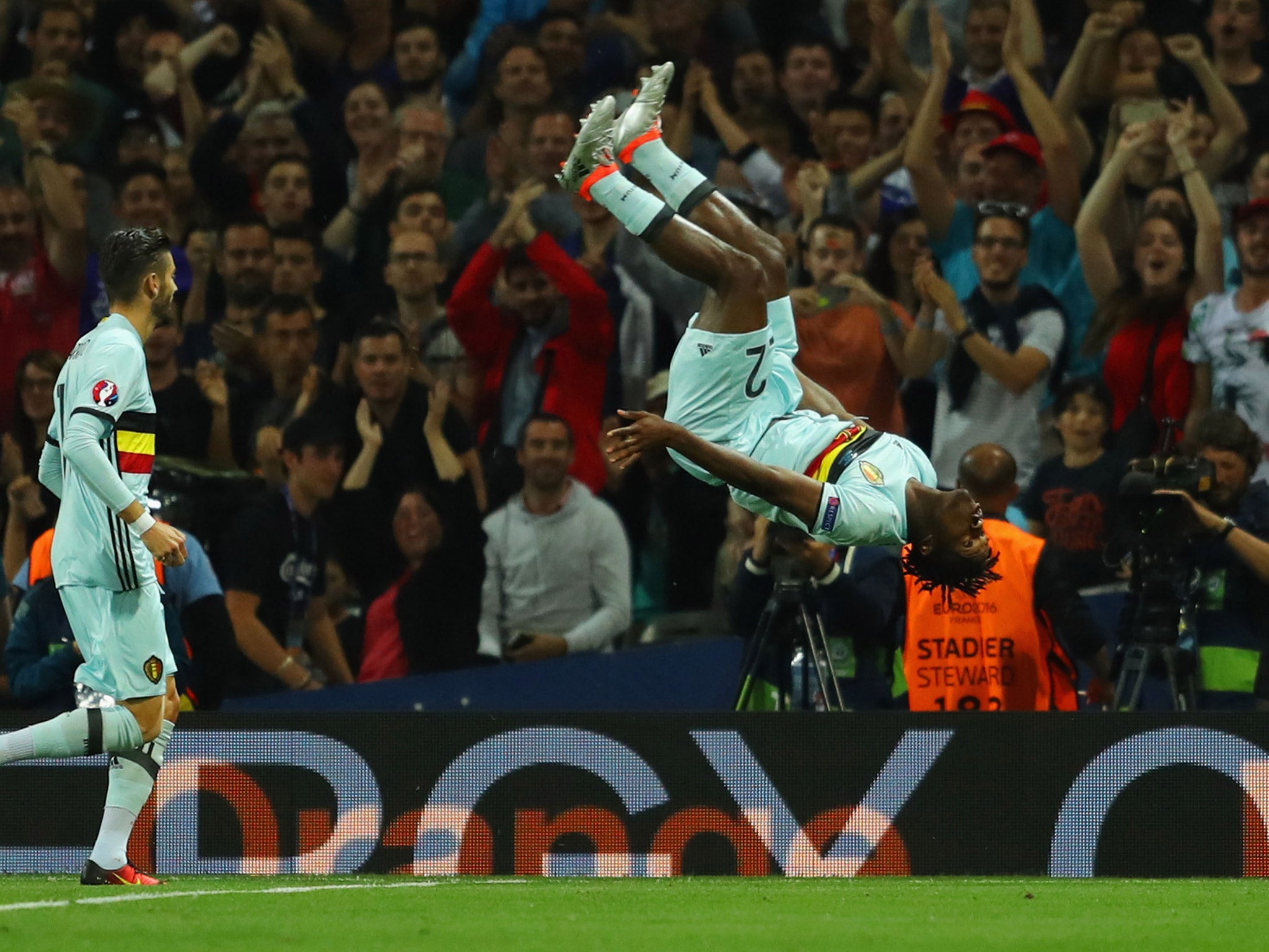 Michy Batshuayi celebrates after scoring with his first touch at Euro 2016