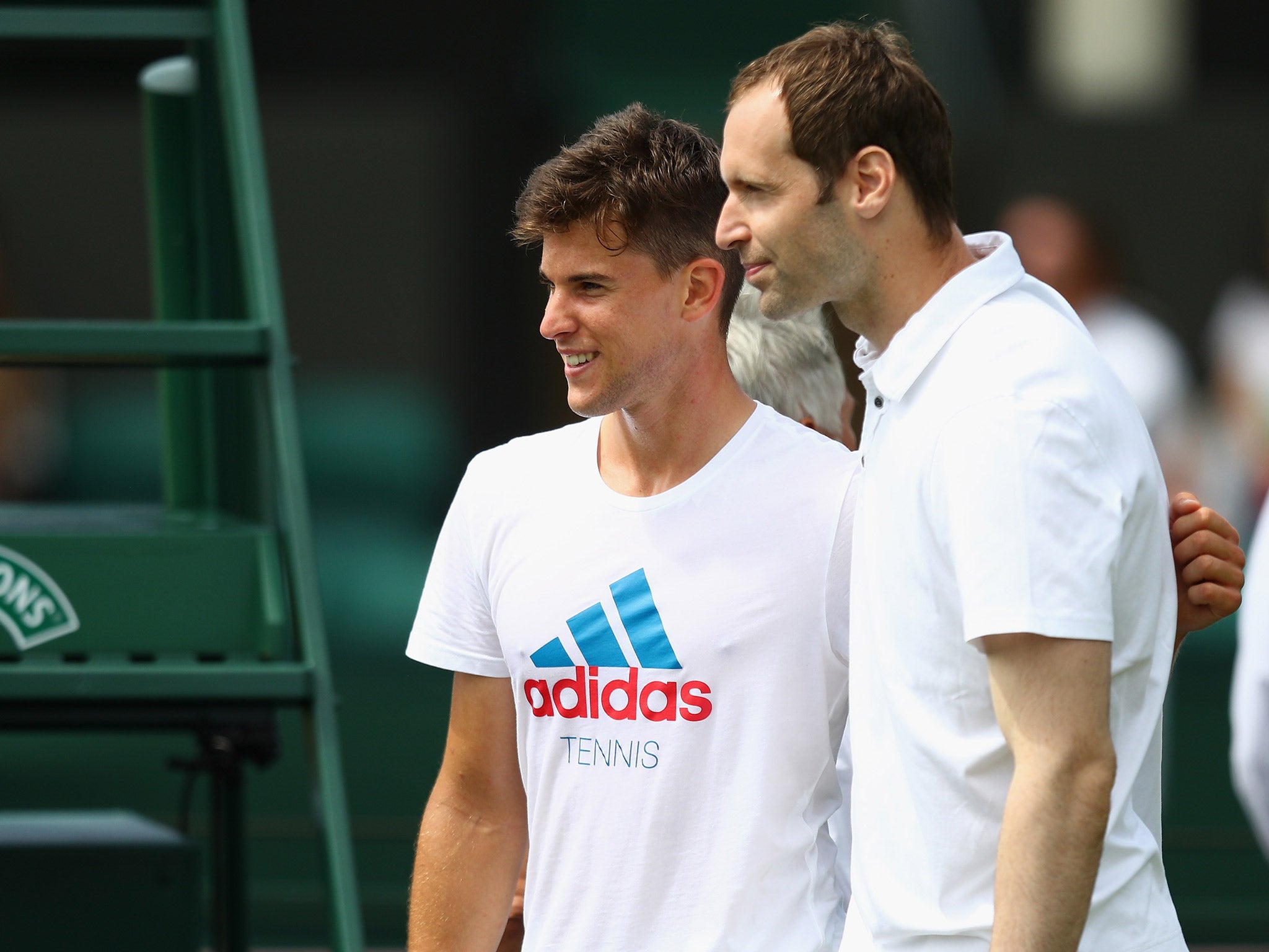 Cech poses for a photograph with Thiem at Wimbledon