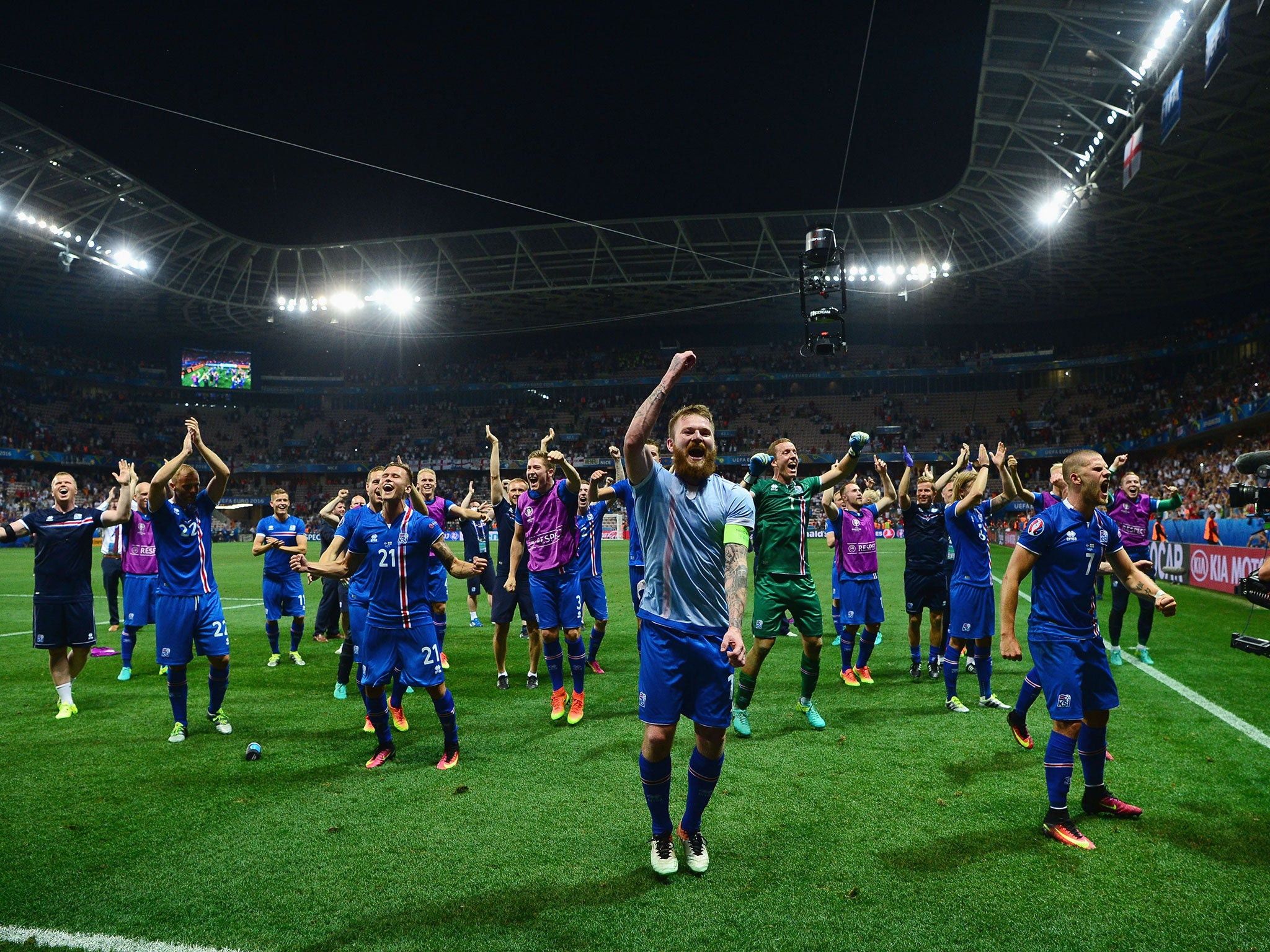 The Iceland team celebrate their phenomenal win over England