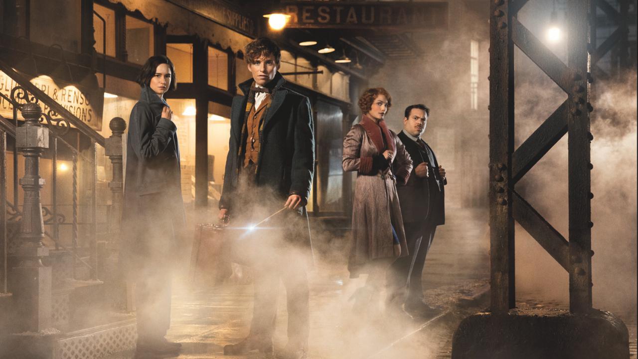 The rest of the cast: Eddie Redmayne (centre) as Newt Scamander, with Sudol as Queenie (right), Katherine Waterston as her sister Tina (left) and Dan Folger as Jacob (far right)