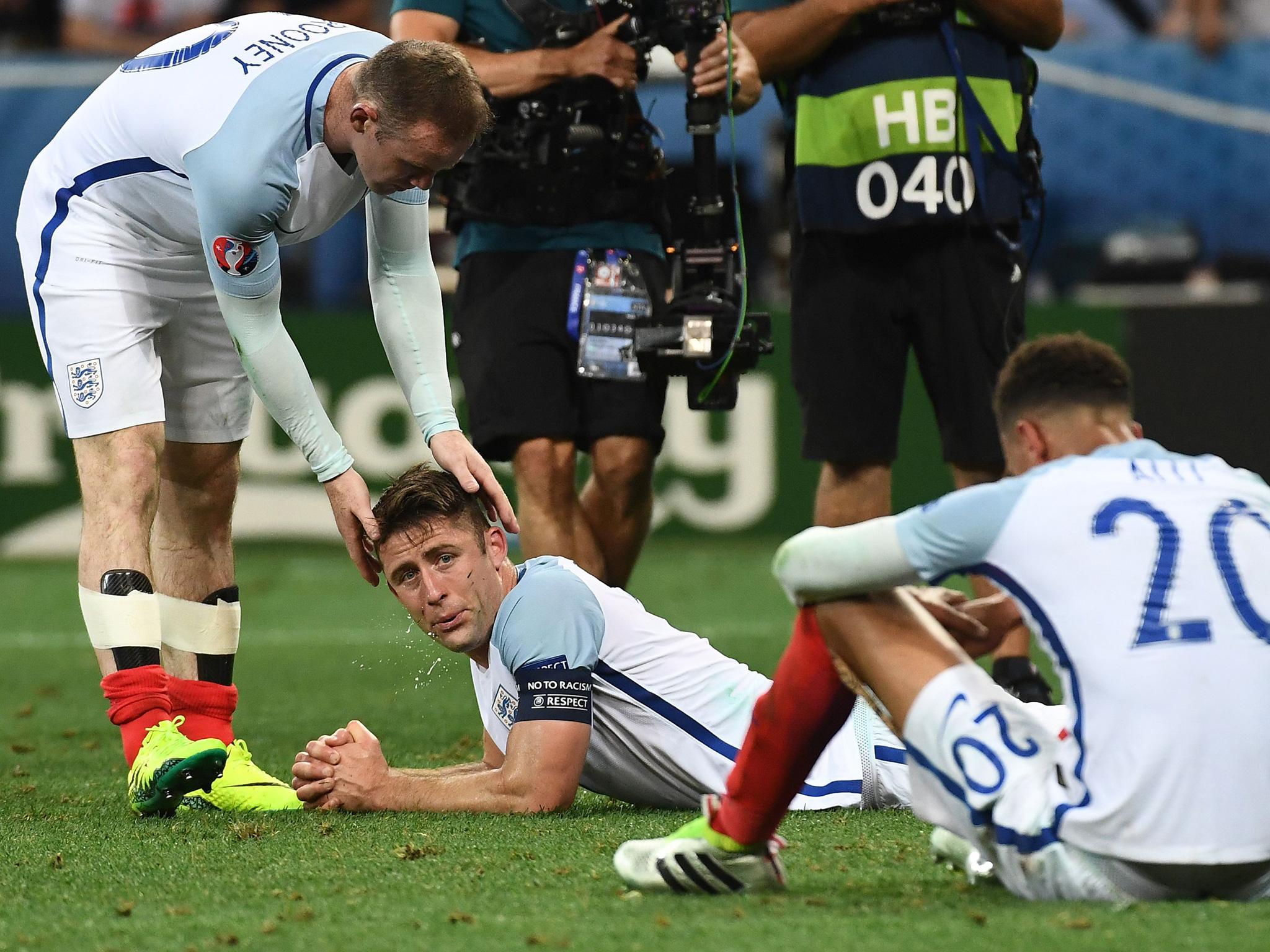 Gary Cahill looks on dejected after England's elimination