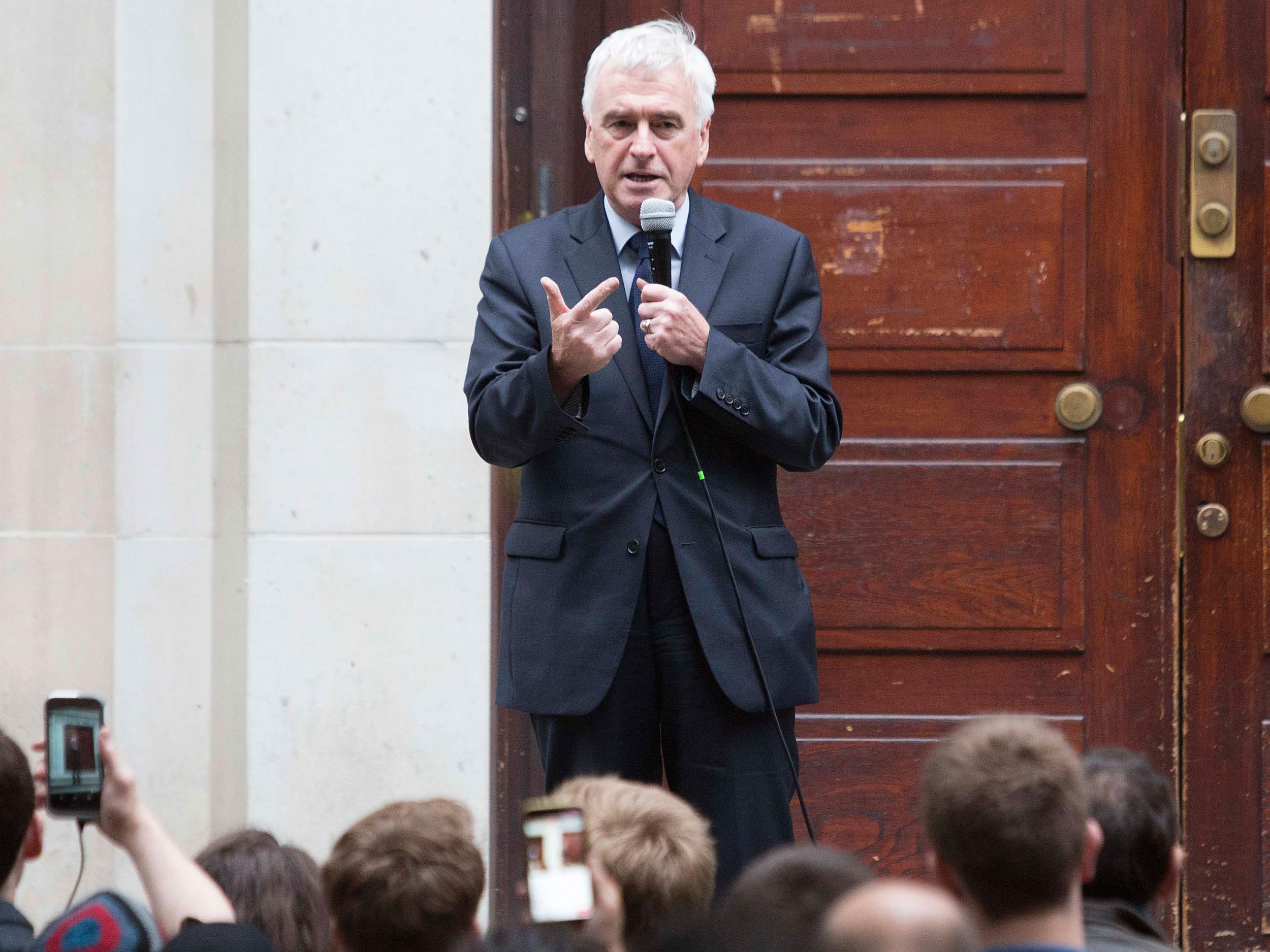 Shadow Chancellor John McDonnel speaking at a Momentum event at the School of Oriental and African Studies (SOAS) in central London.