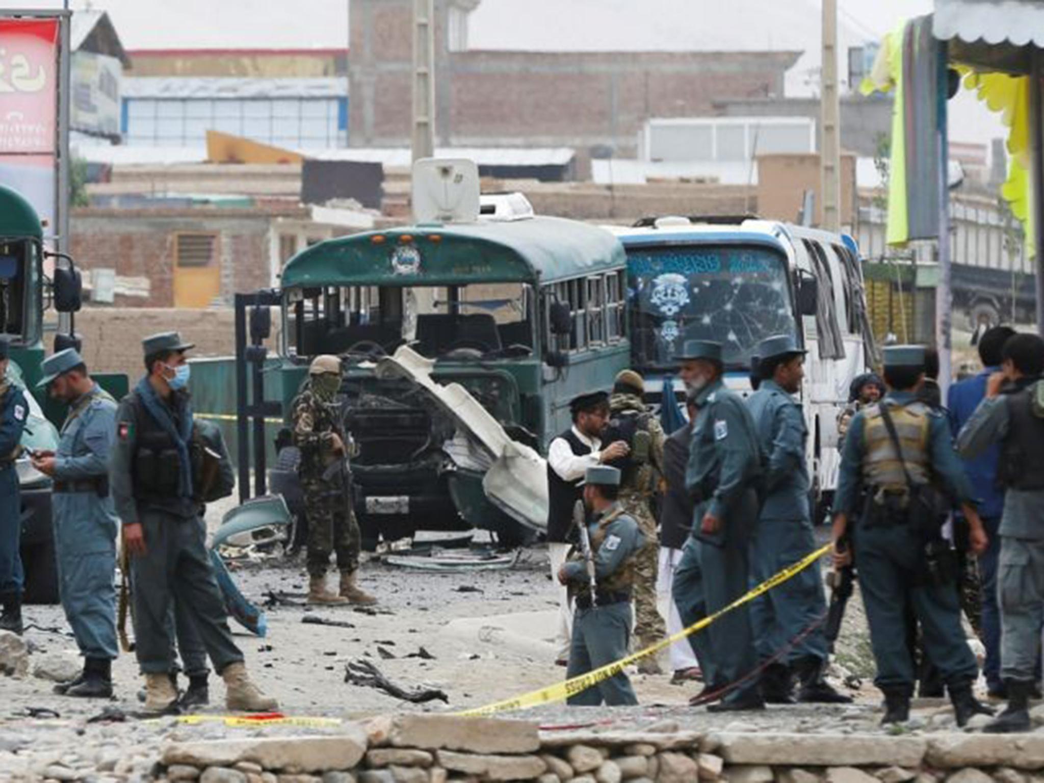 The bombed out bus at the site of a suicide attack on police cadets on the outskirts of Kabul