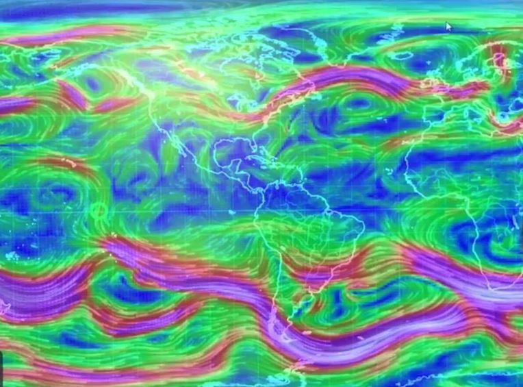 A map showing different wind flows around the world