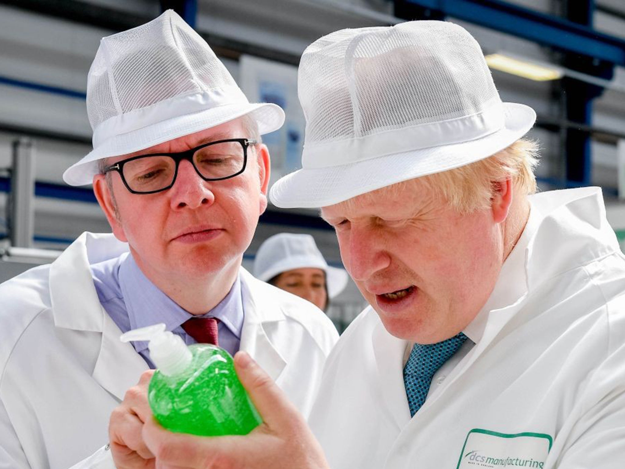 Michael Gove and Boris Johnson visit a factory in Stratford during the EU referendum campaign