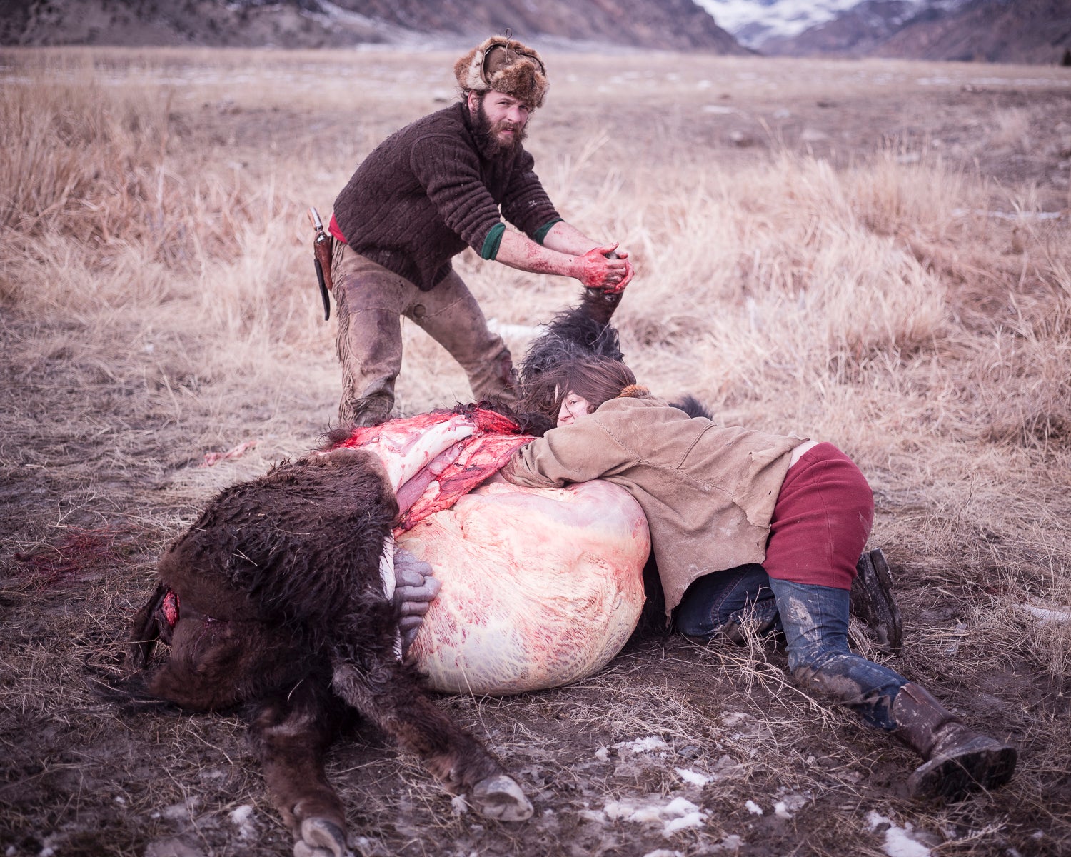 Often the animal is field dressed far from the road and members of Buffalo Bridge will help by carrying large pieces back to the Native Americans' cars