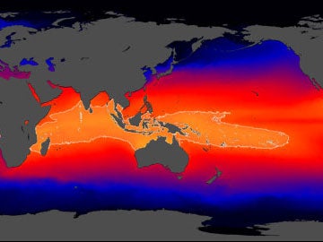 The Indo-Pacific Warm Pool, seen in orange, contains the warmest sea water in the world