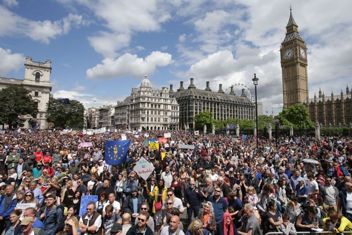 Remain campaigners gather outside Parliament to protest against the result of the EU referendum – which has cast them as disillusioned losers