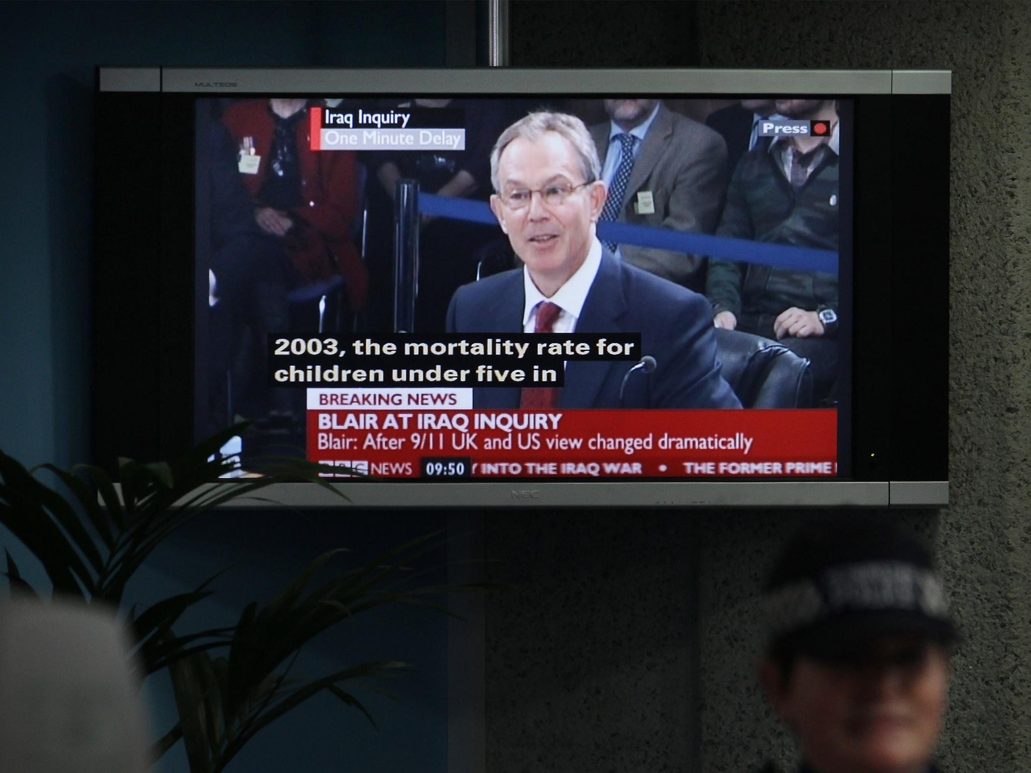 &#13;
Tony Blair is seen on a television monitor inside the Queen Elizabeth II conference centre giving evidence at the Iraq Inquiry on January 29, 2010 in London, England &#13;