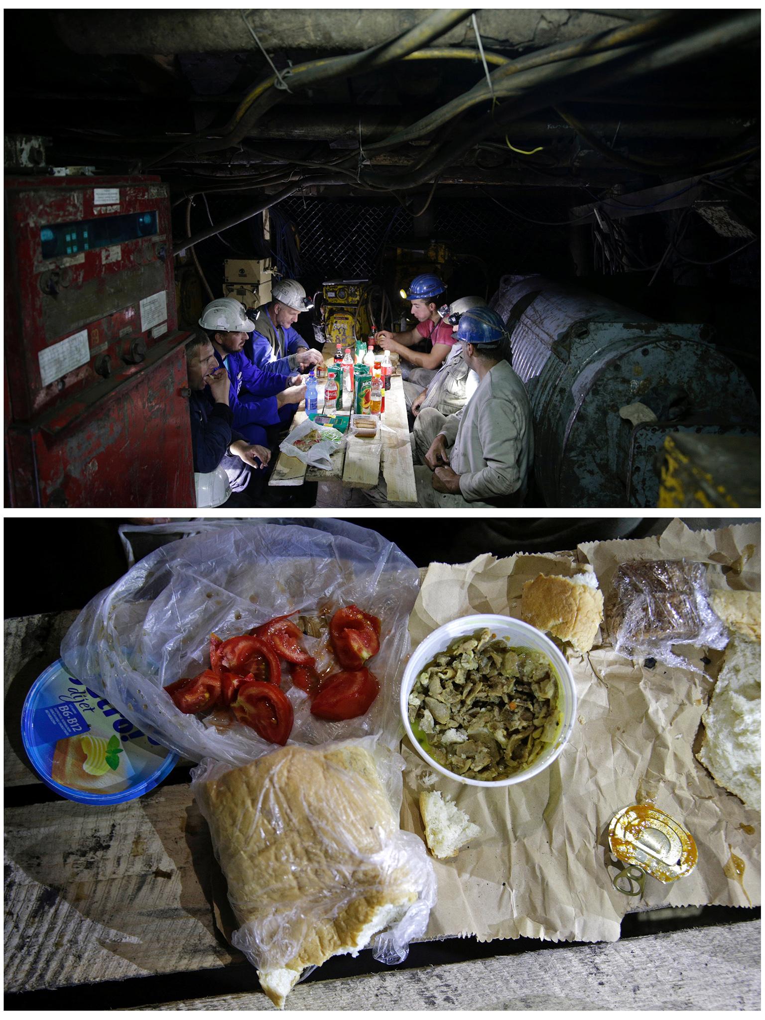 Bosnia and Herzegovina: Coal miners eat veal, tomatoes and brown bread for iftar as they break their fast deep inside the Haljinici coal mine