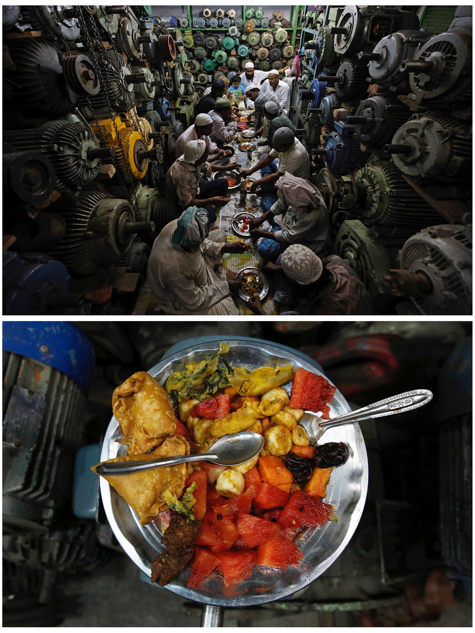 Delhi, India: Anwaar Hussain, 35, his coworkers and employer as they eat their iftar meal of samosa, fried snacks, fruit salad and dates in the old quarters of the city. Hussain is a mechanic who repairs second hand electric motors and water pumps. He said that Ramadan is about self improvement and kindness, and that one should stay away from all evil.