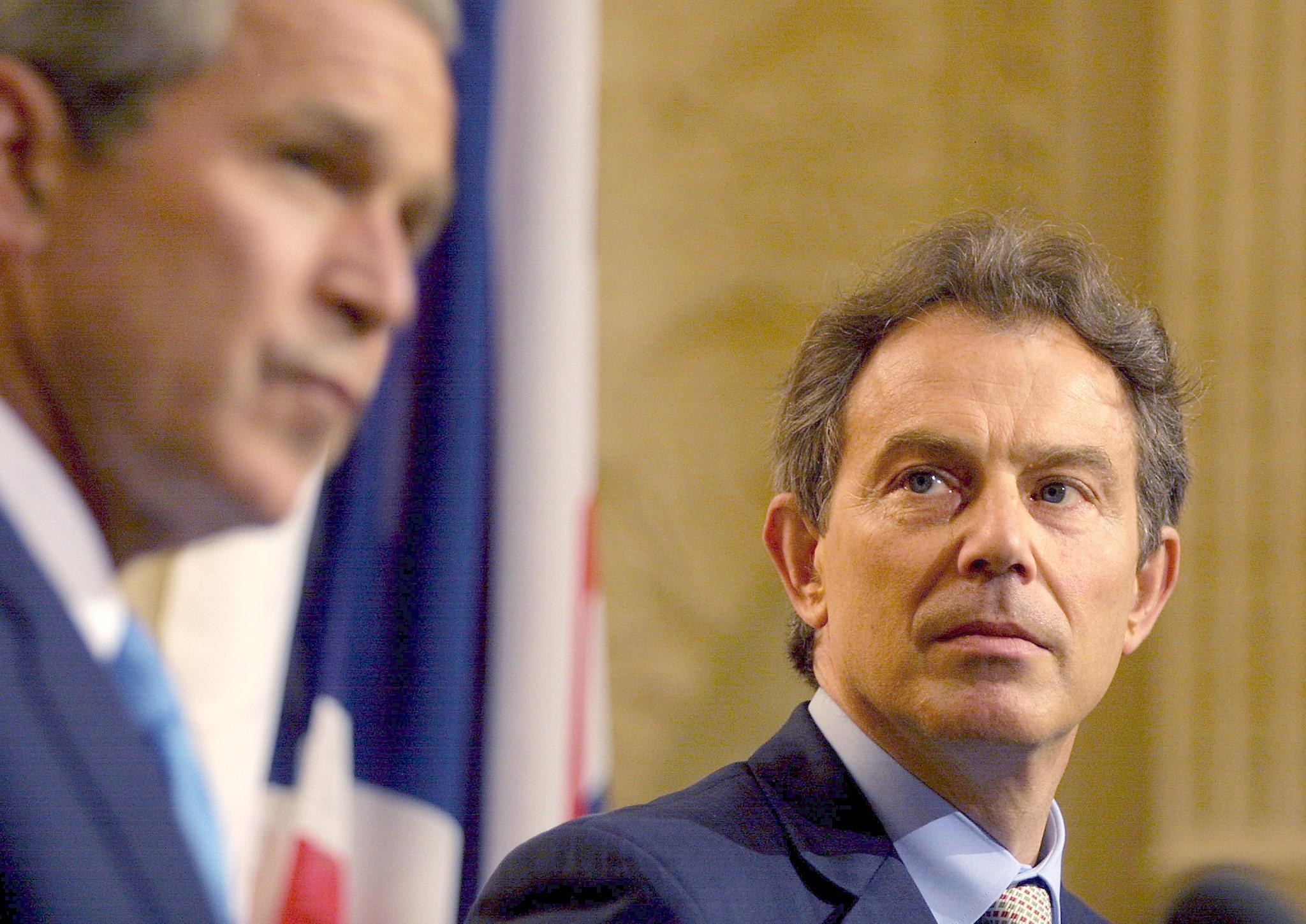 George W Bush speaks to the press July 19, 2001 during a joint statement with Tony Blair at Halton Airbase in Buckinghamshire