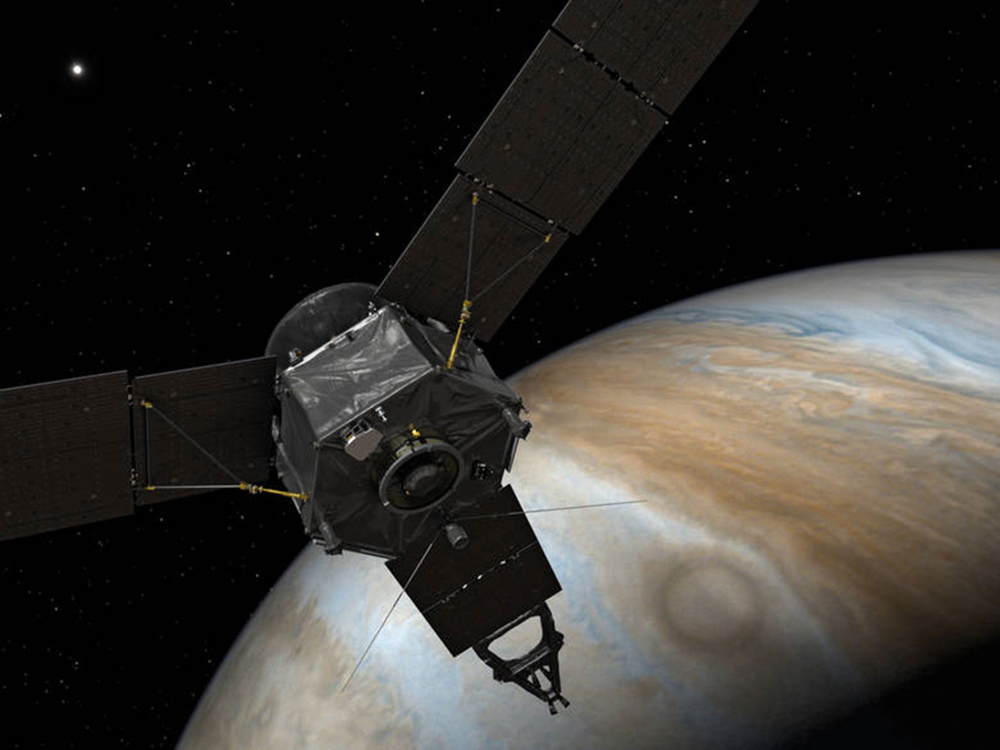 An artist's impression of Juno approaching Jupiter