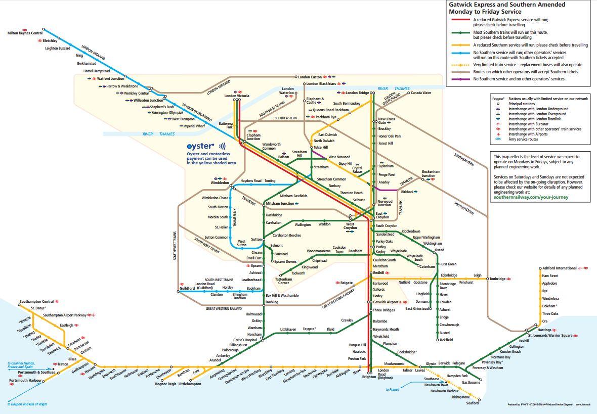 A map of the revised Southern services after they cut the 340 trains a day