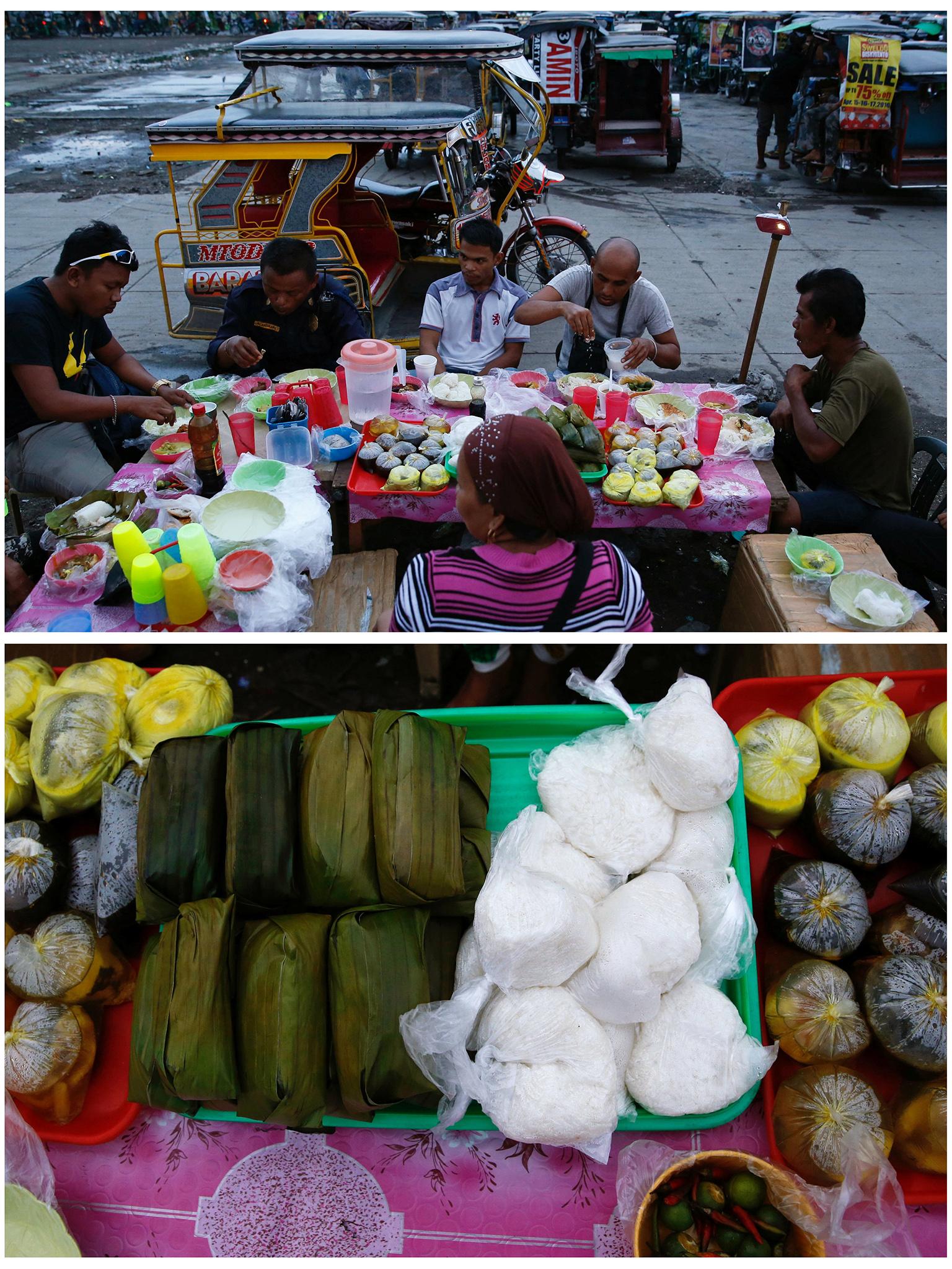 Manila, Phillipines: Filipino tricycle drivers eating iftar of packets of fish, chicken, rice and rice cakes in Taguig