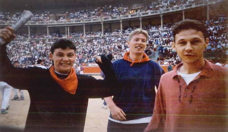 From left to right: David Barnett with his friends Kevin Donald and Chris Doherty complete the Running of the Bulls in 1991