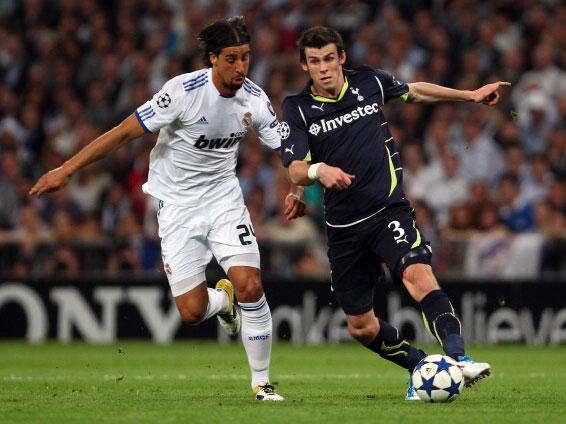 Gareth Bale takes on Sami Khedira in the Champions League quarter-final at the Bernabeu (Getty)