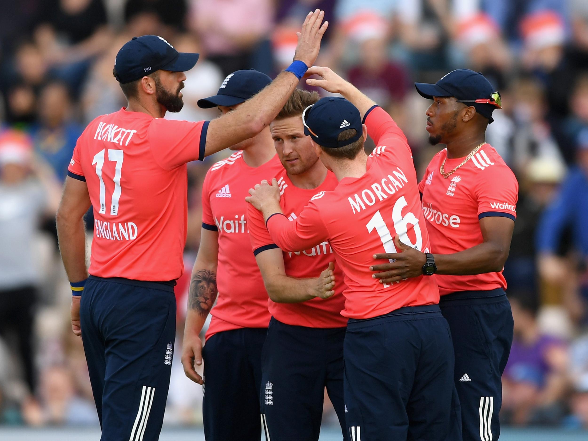 Liam Dawson of England celebrates with teammates after dismissing Danushka Gunathilaka of Sri Lanka during the Natwest International T20 match between England and Sri Lanka at Ageas Bowl on July 5, 2016 in Southampton, England