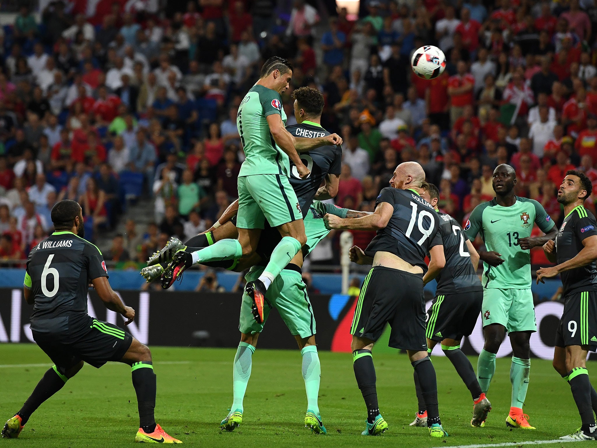 Ronaldo beat Chester in the air to head home