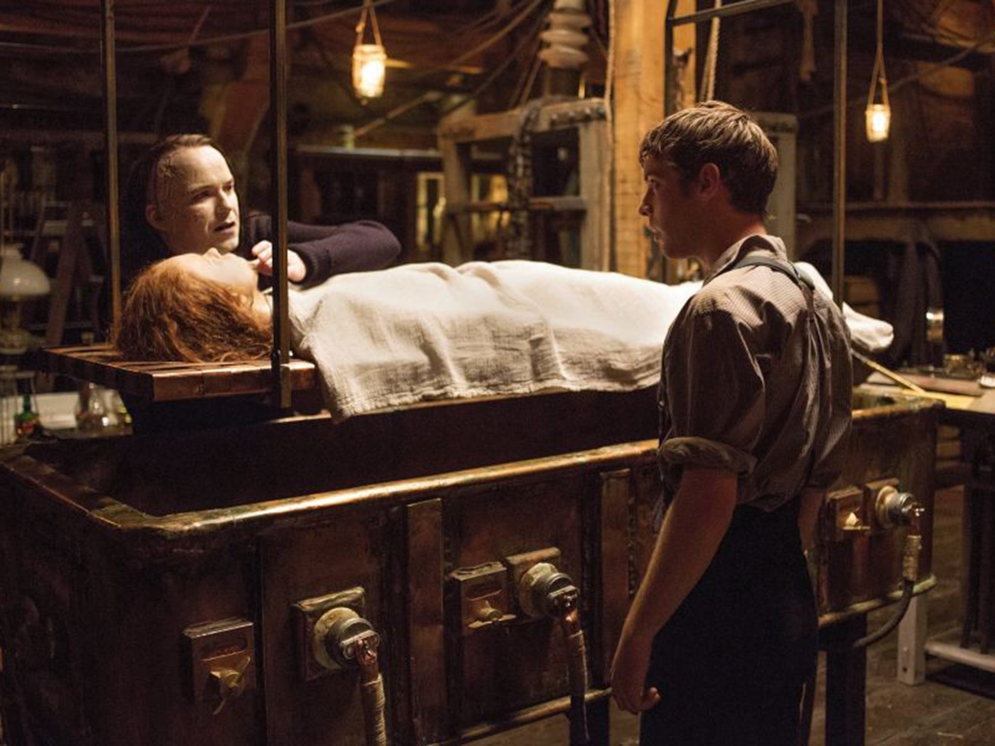 Rory Kinnear as The Creature and Harry Treadaway as Dr. Victor Frankenstein in Penny Dreadful