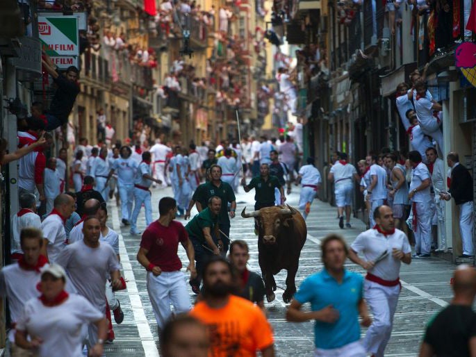 Participants run ahead a Cebada Gago fighting bull on the second day of the San Fermin bull run 2016