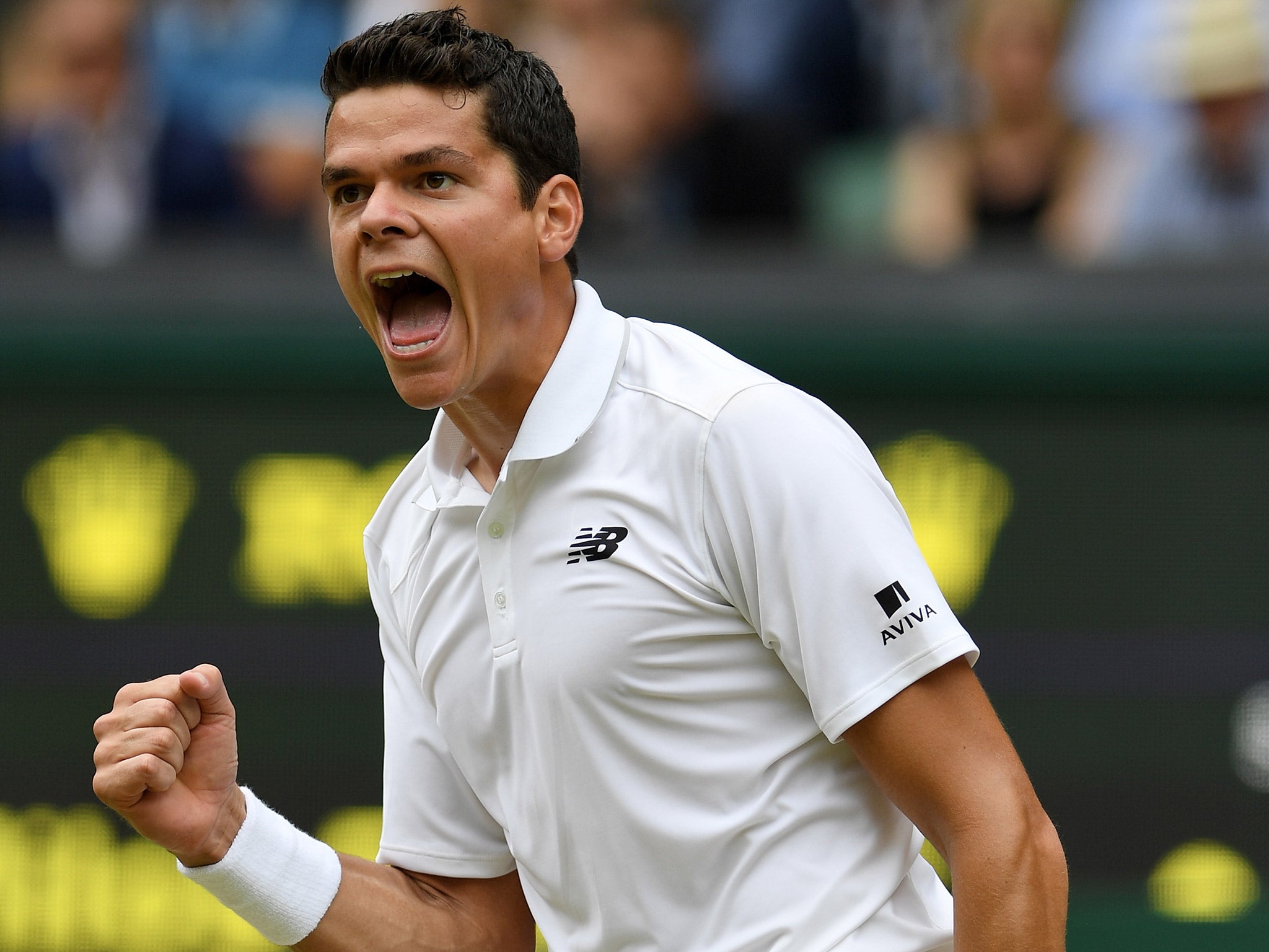 Raonic celebrates sealing the fourth set against Federer