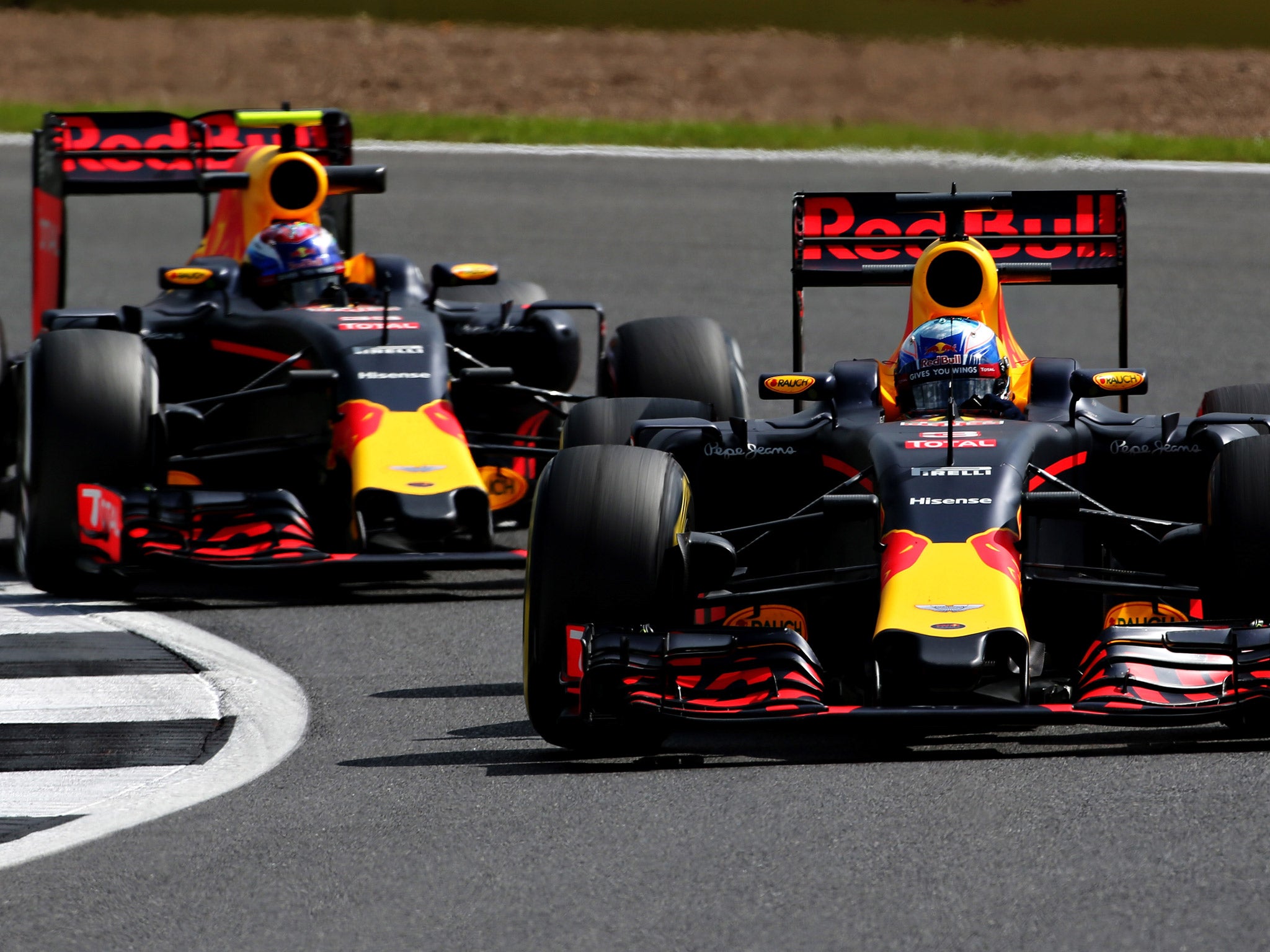 Daniel Ricciardo leads his Red Bull teammate Max Verstappen