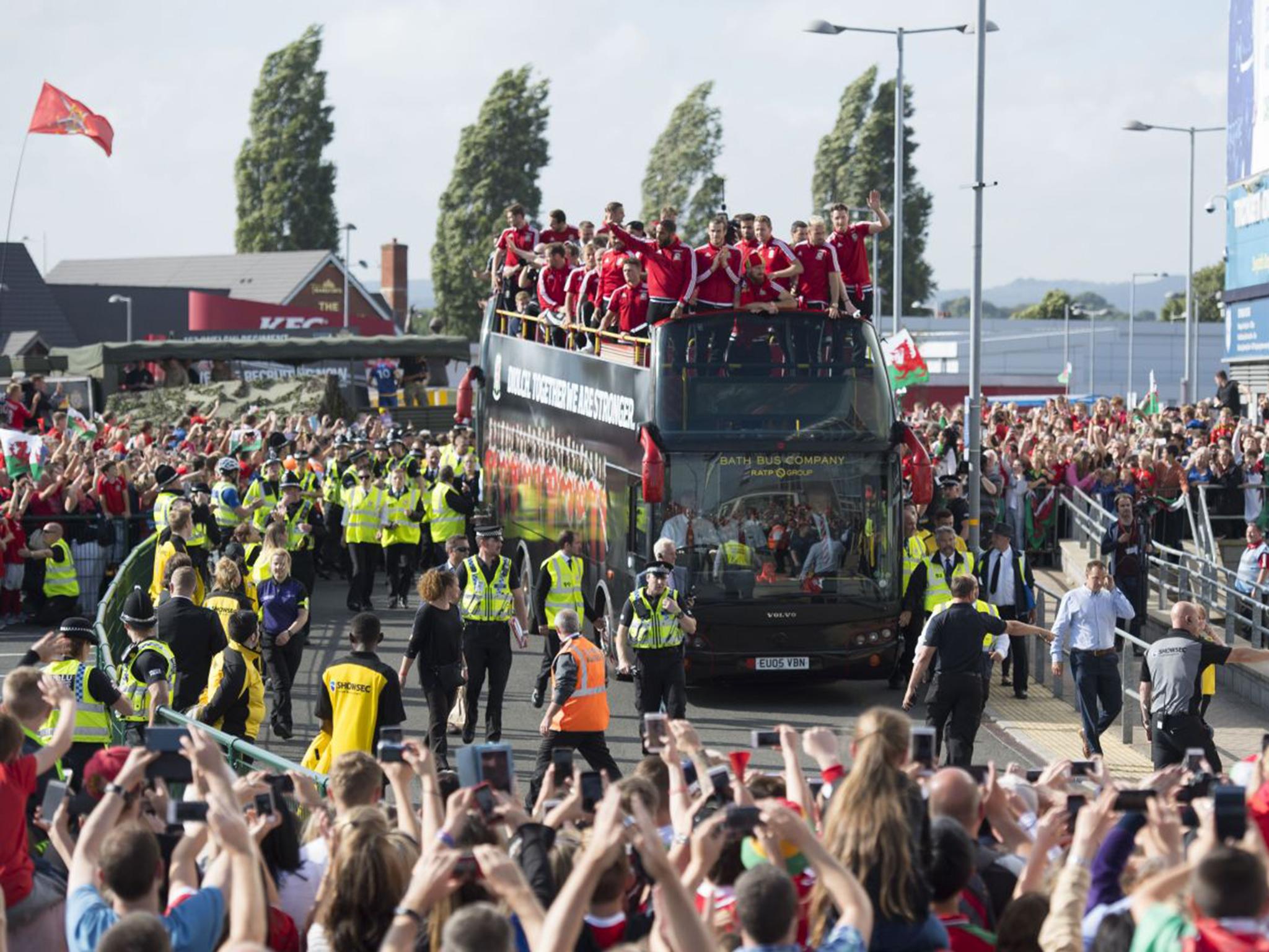 Thousands turned out in Cardiff yesterday to greet the Welsh football team