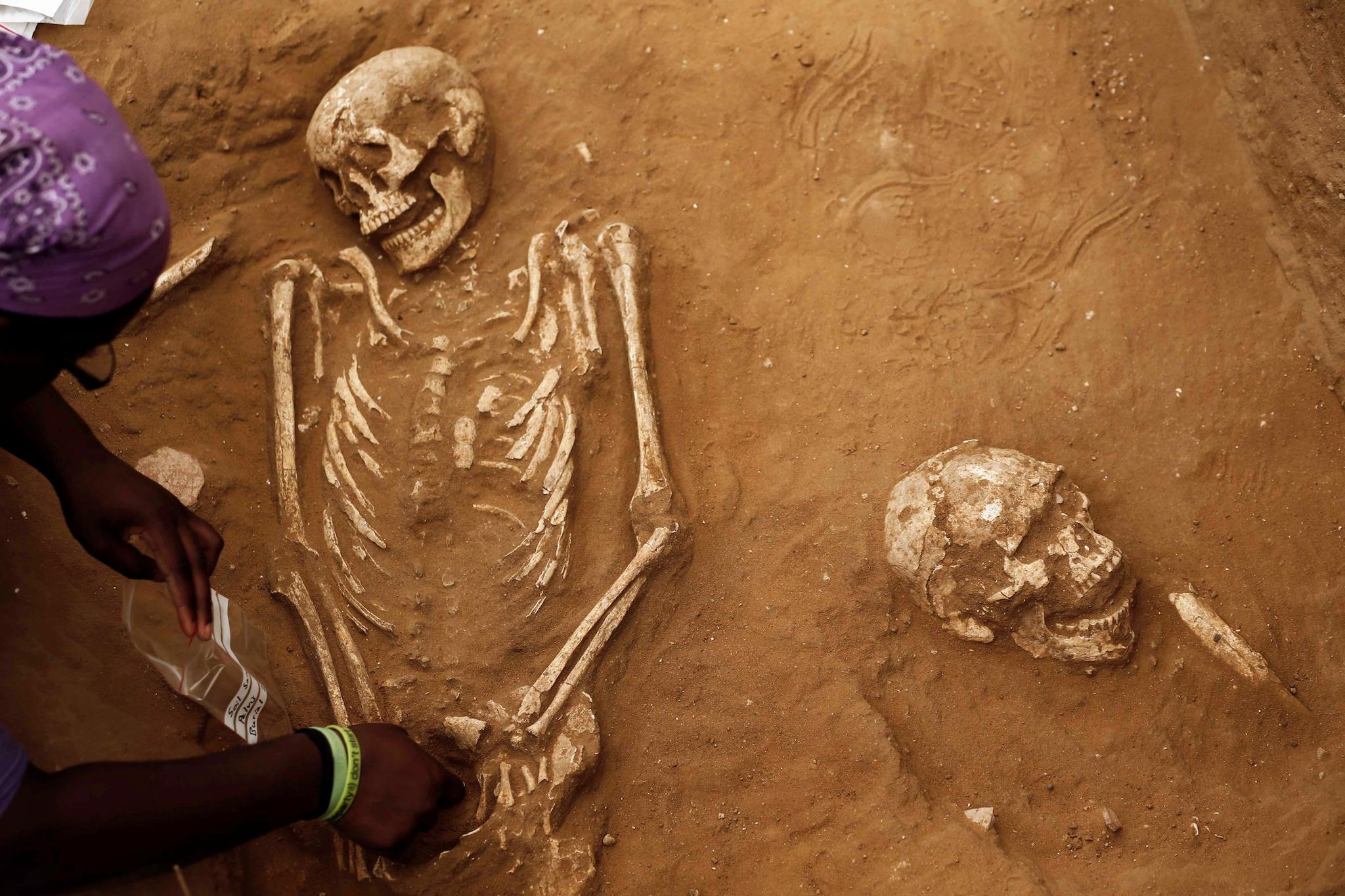 An American archaeology student unearths a skeleton during excavation works at the first-ever Philistine cemetery at Ashkelon National Park in southern Israel June 28, 2016