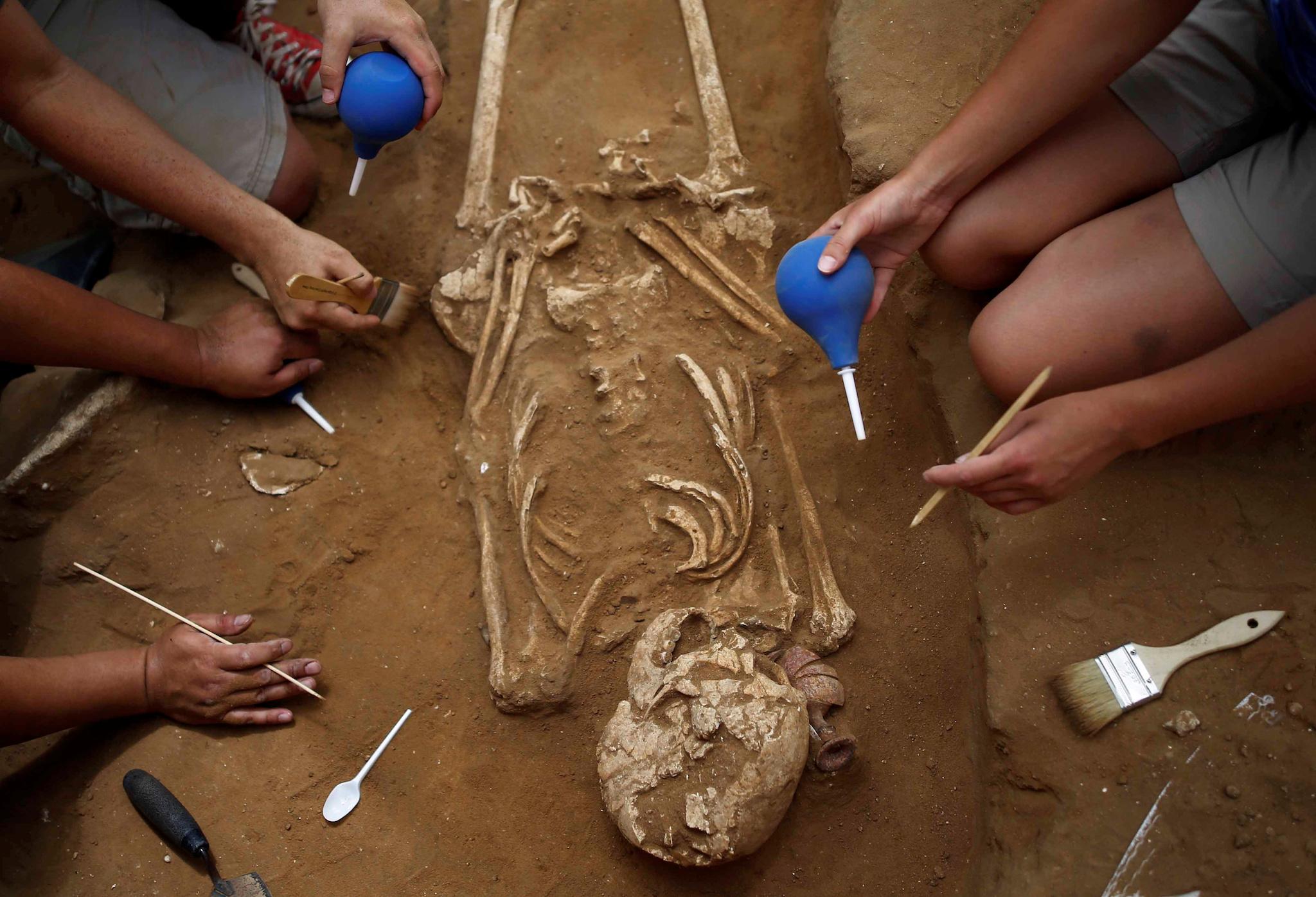 American archaeology students unearth a skeleton during excavation works at the first-ever Philistine cemetery at Ashkelon National Park in southern Israel June 28, 2016