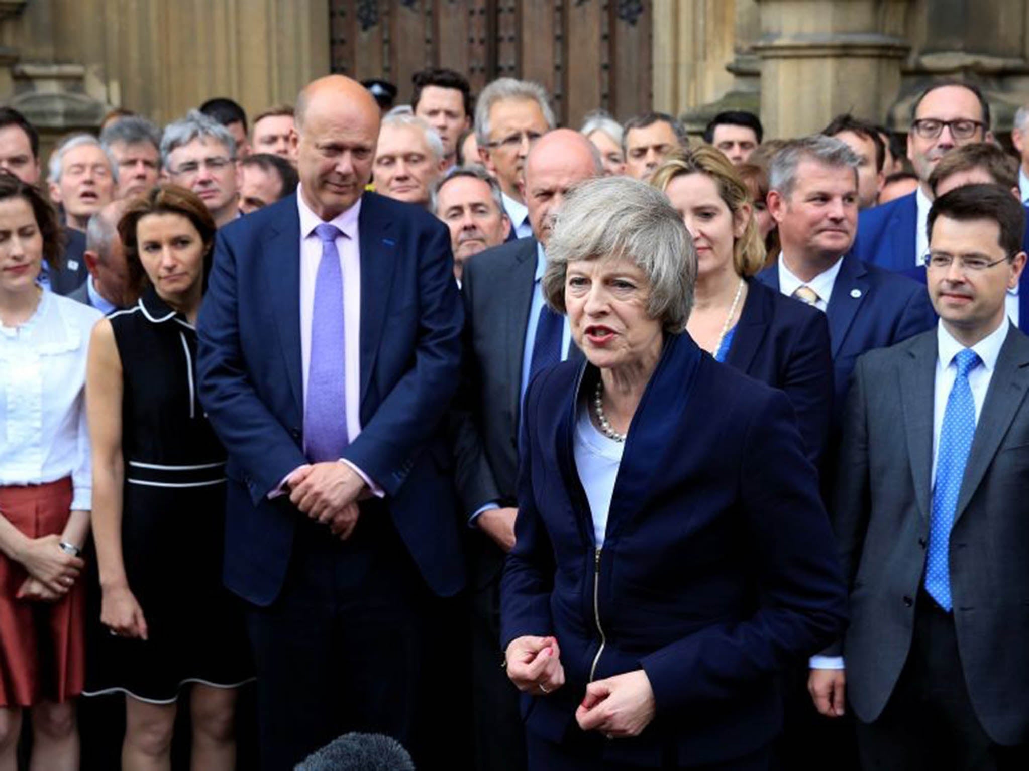 Britain's Home Secretary Theresa May speaks to reporters after being confirmed as the next leader of the Conservative Party and Britain's next Prime Minister