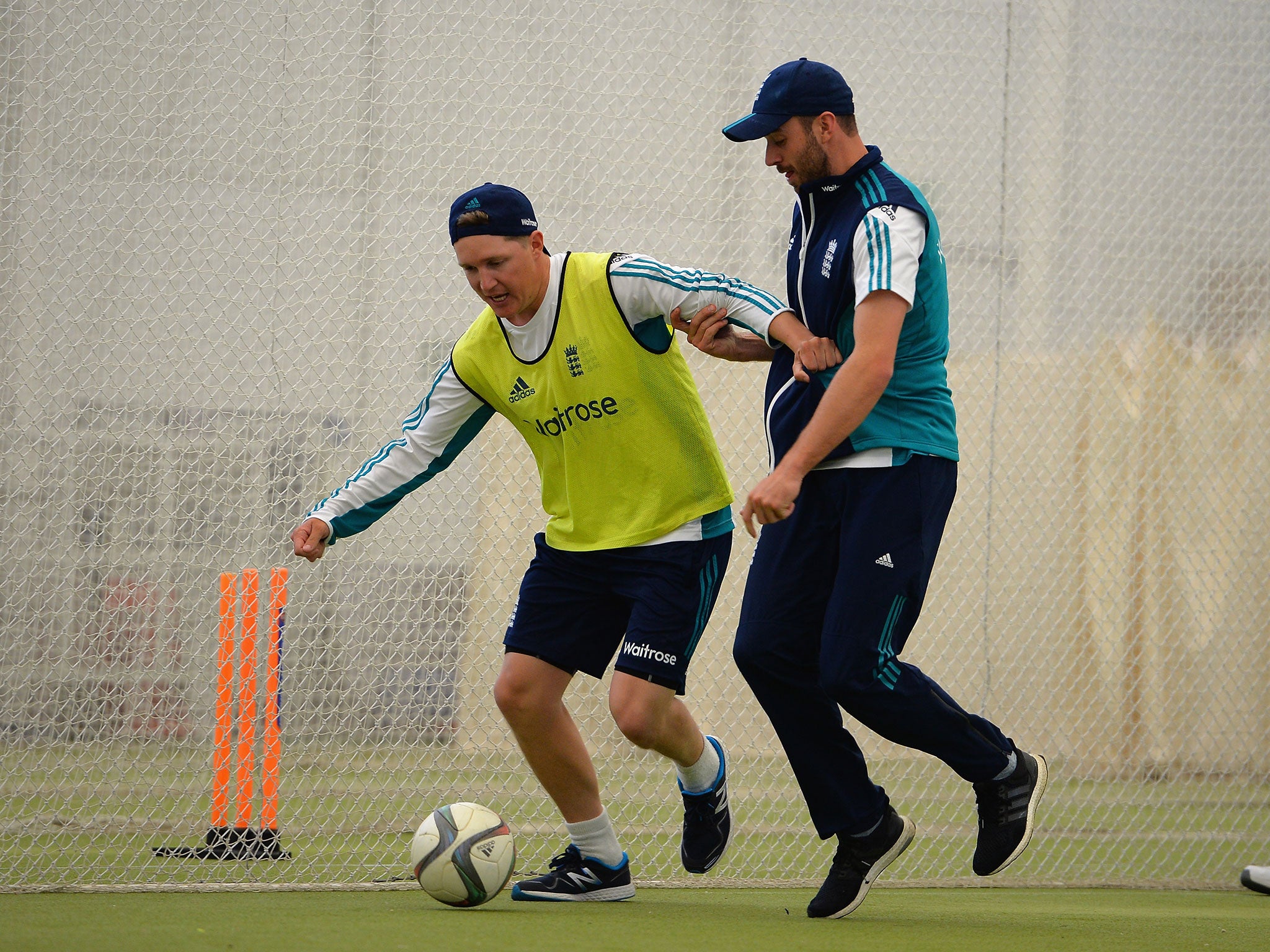 Gary Ballance shows off his football skills to James Vince at Lord's