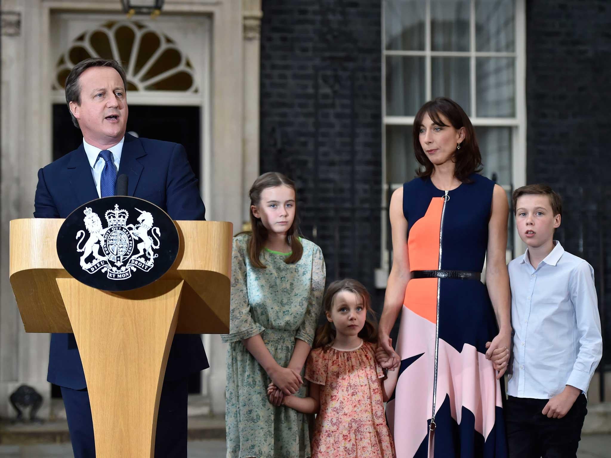 David Cameron makes a speech outside No 10 earlier today before leaving for final time as PM