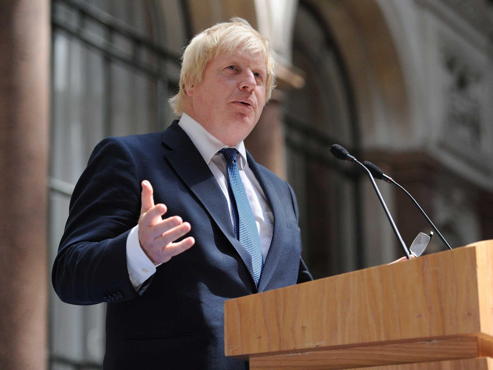 Foreign Secretary Boris Johnson addresses staff inside the Foreign Office in London