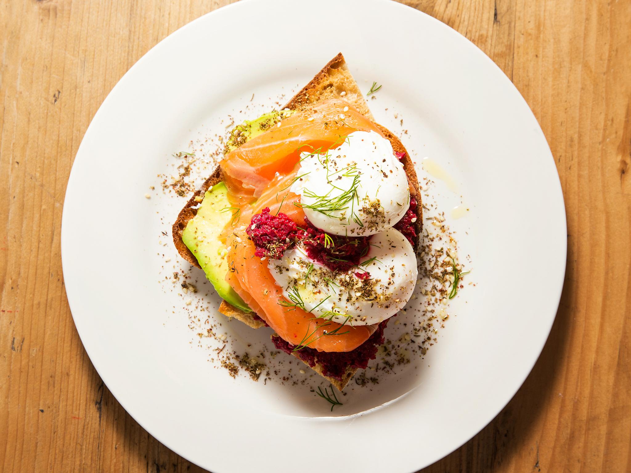 Smoked salmon, poached eggs, avocado, beetroot borani and za’atar (£7.95)