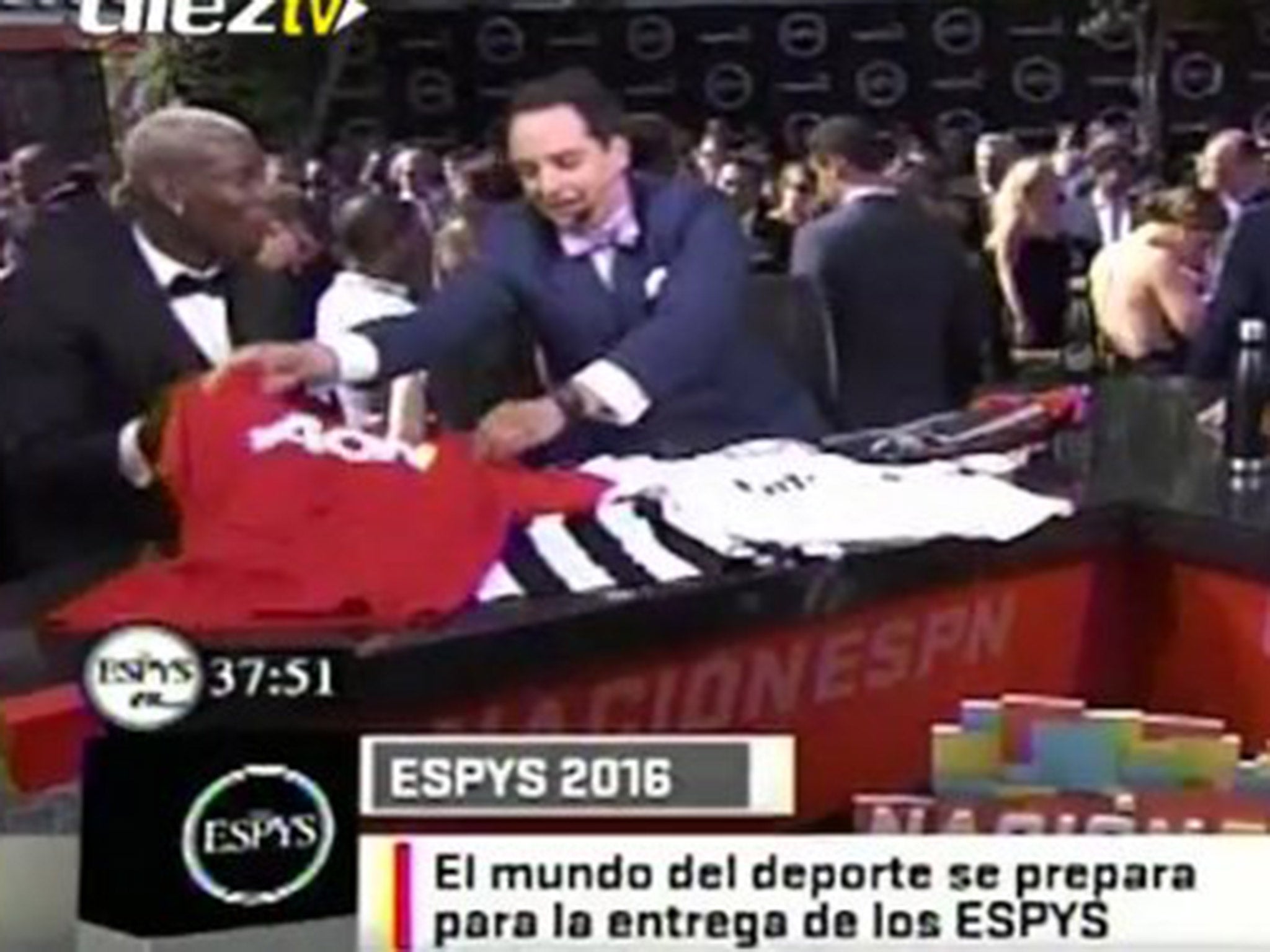 Paul Pogba was presented with the three shirts while giving an interview to ESPN