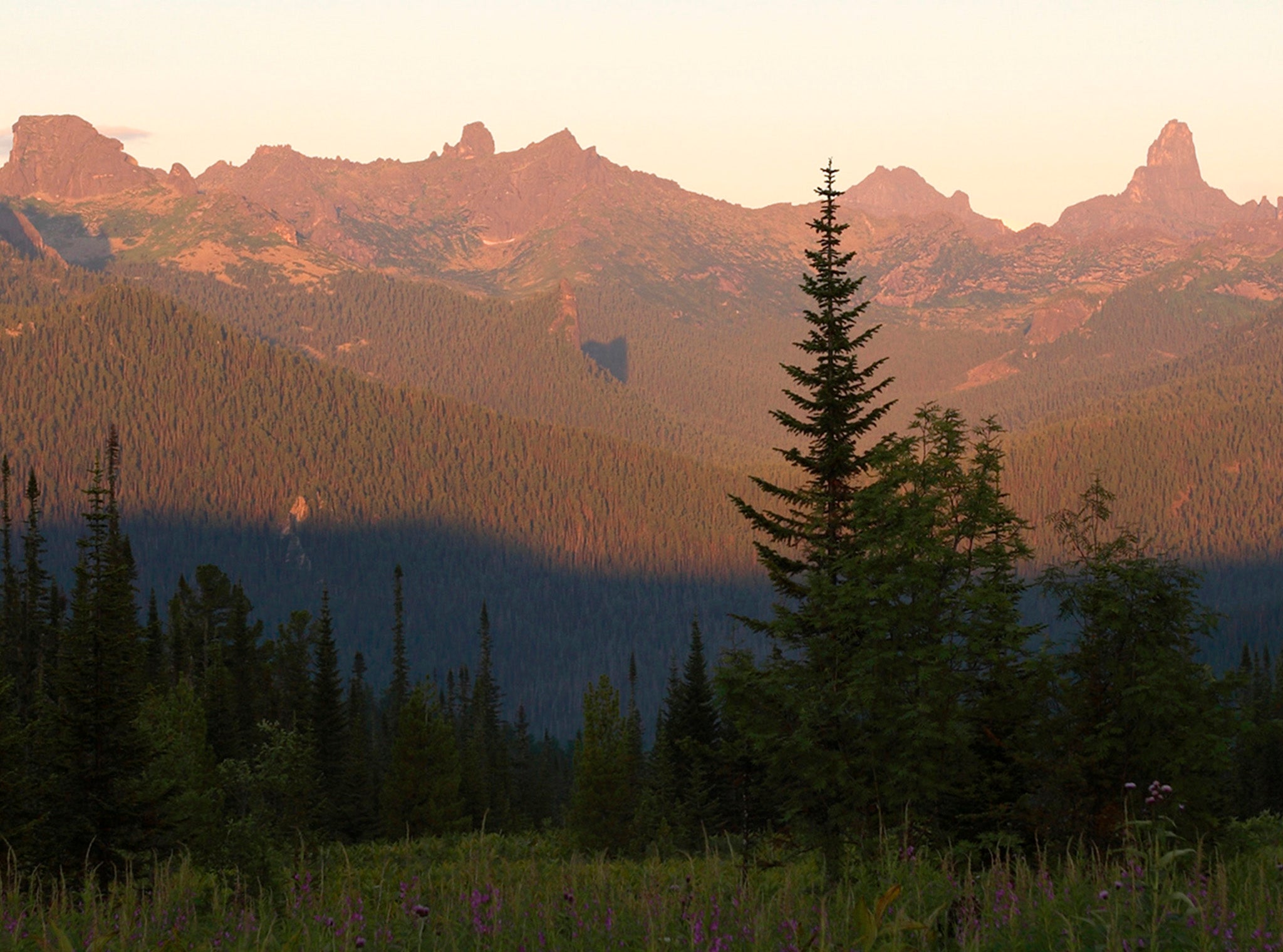 A view of the Western Sayan Ridge in the Altai Mountain range on the Russo-Kazakh border