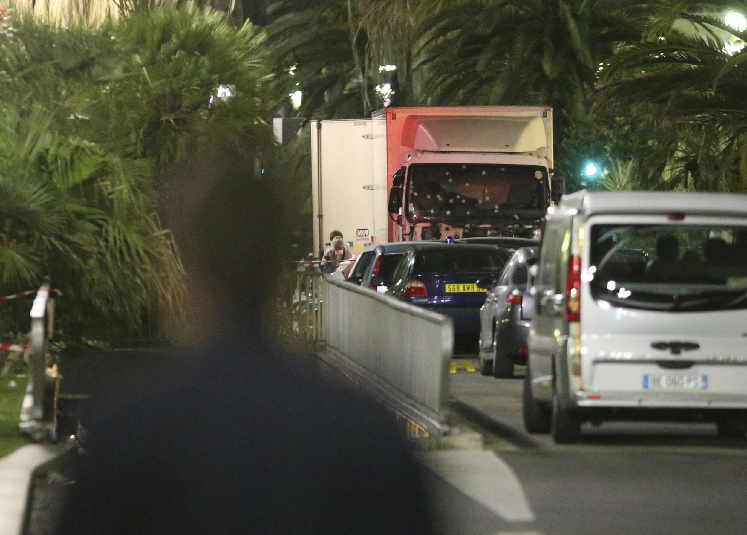 The bullet holes in the lorry's windscreen from where police officers shot at attacker Mohamed Lahouaiej Bouhlel