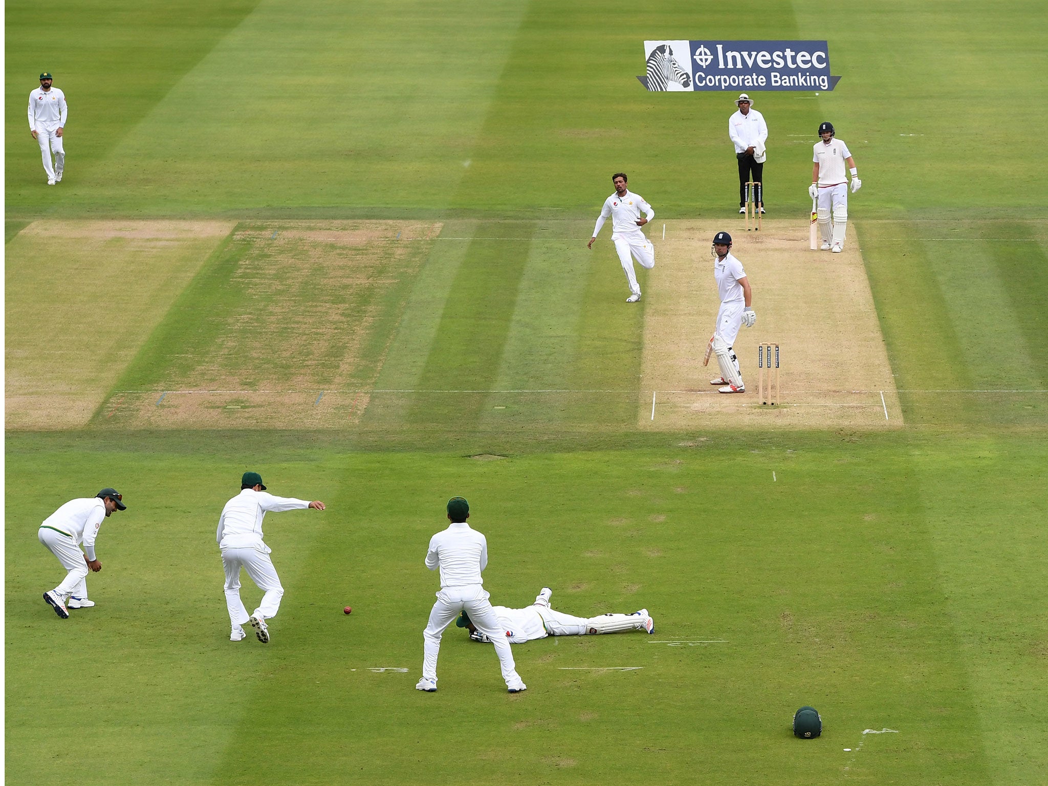 Wicketkeeper Sarfraz Ahmed drops Alastair Cook off the bowling of Mohammad Amir at Lord's