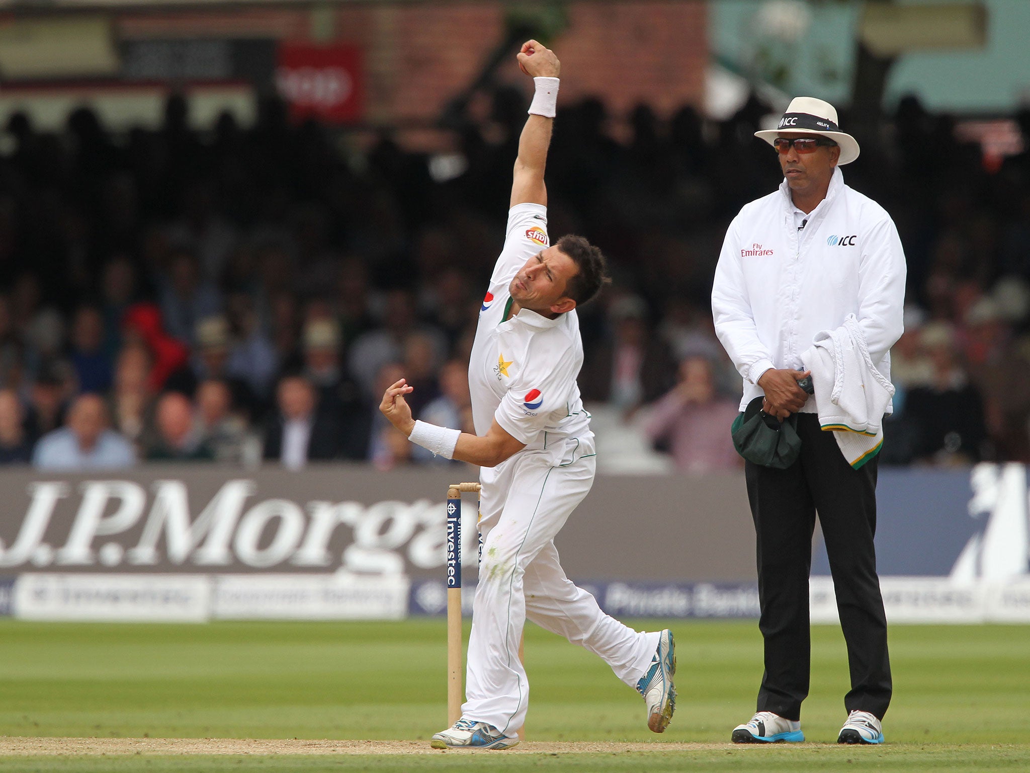 Yasir Shah lets another delivery rip at on day two at Lord's