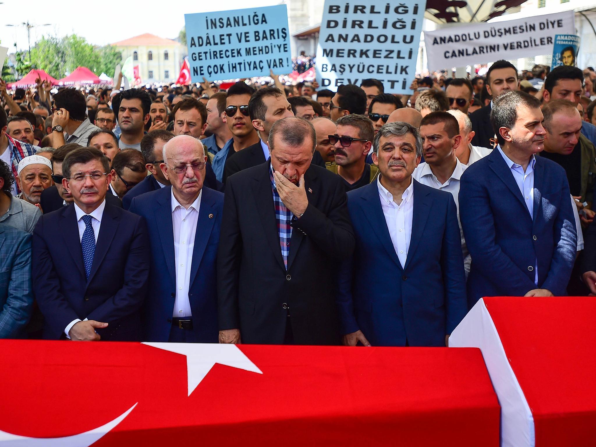 Turkish President Erdogan attends the funeral service for victims of the thwarted coup in Istanbul at Fatih mosque on July 17, 2016 in Istanbul, Turkey