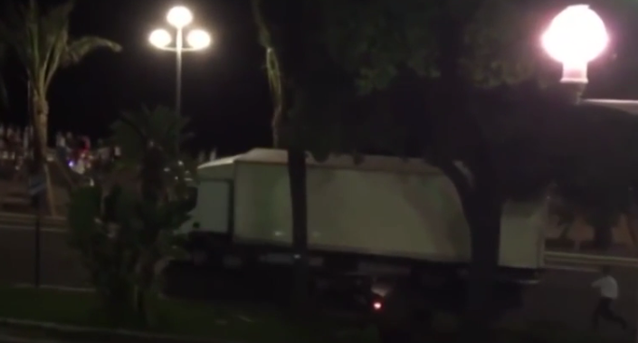 Amateur footage shows a man, possibly Mr Leriche, running after the lorry before it begins its rampage, and the headlight of a motorbike travelling alongside it